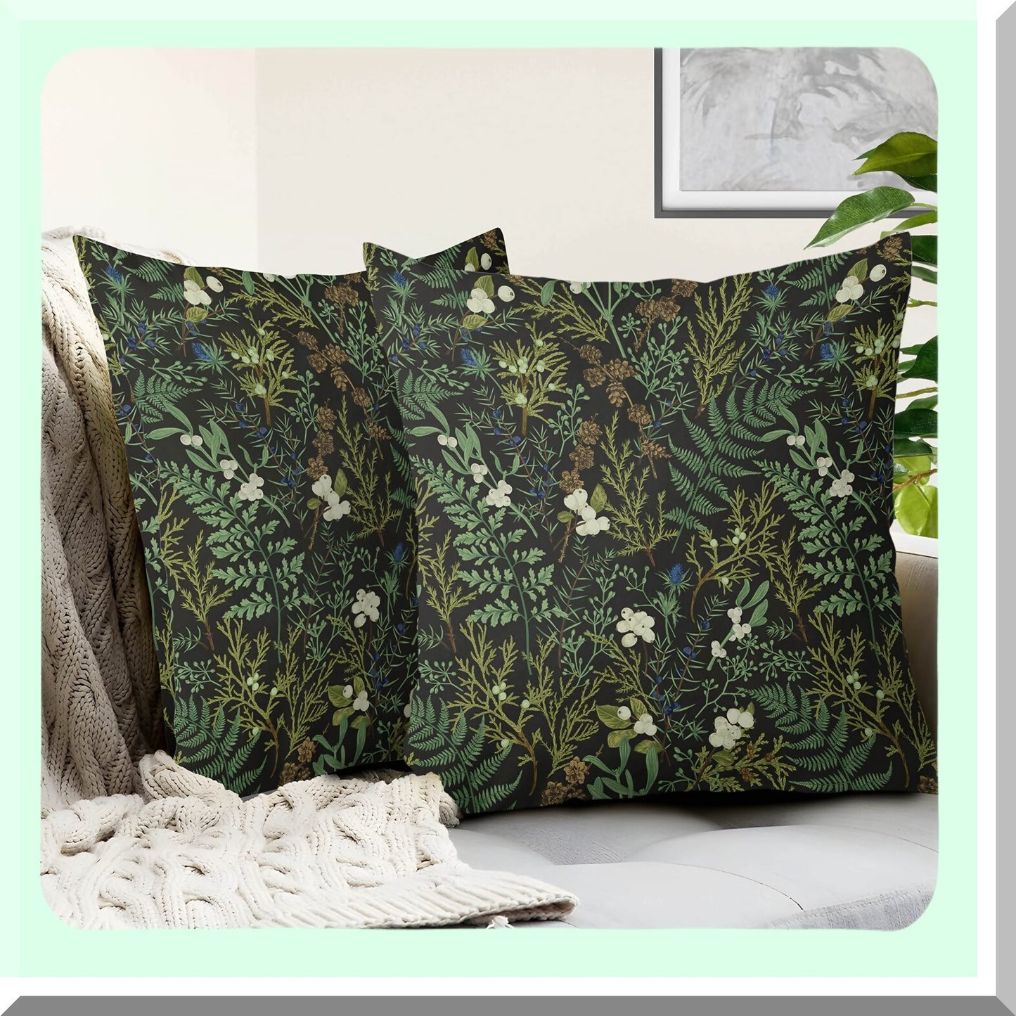 Botanical Bliss Pillow Covers - Set of 2 | Vintage Floral Cushion Cover 18x18 Inch | Farmhouse Decor for Living Room, Bedroom, Patio | Waterproof Outdoor Throw Pillow Covers - Black Green Leaf