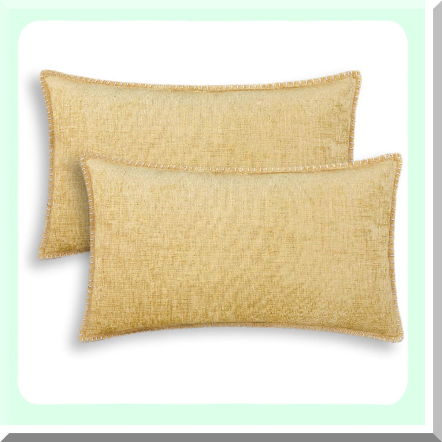 Gold Chenille Stitched Throw Pillow Covers - Set of 2 | Soft Cotton Thread Edges | Solid Dyed Cushion Cases for Couch Sofa Home Decor - 12 X 20 Inches