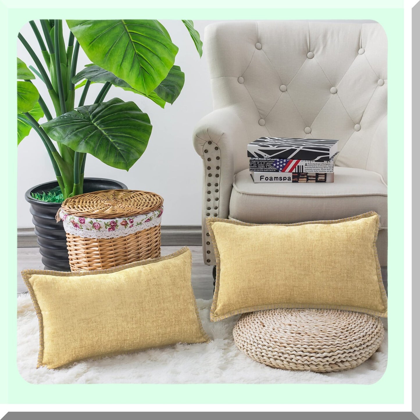 Gold Chenille Stitched Throw Pillow Covers - Set of 2 | Soft Cotton Thread Edges | Solid Dyed Cushion Cases for Couch Sofa Home Decor - 12 X 20 Inches