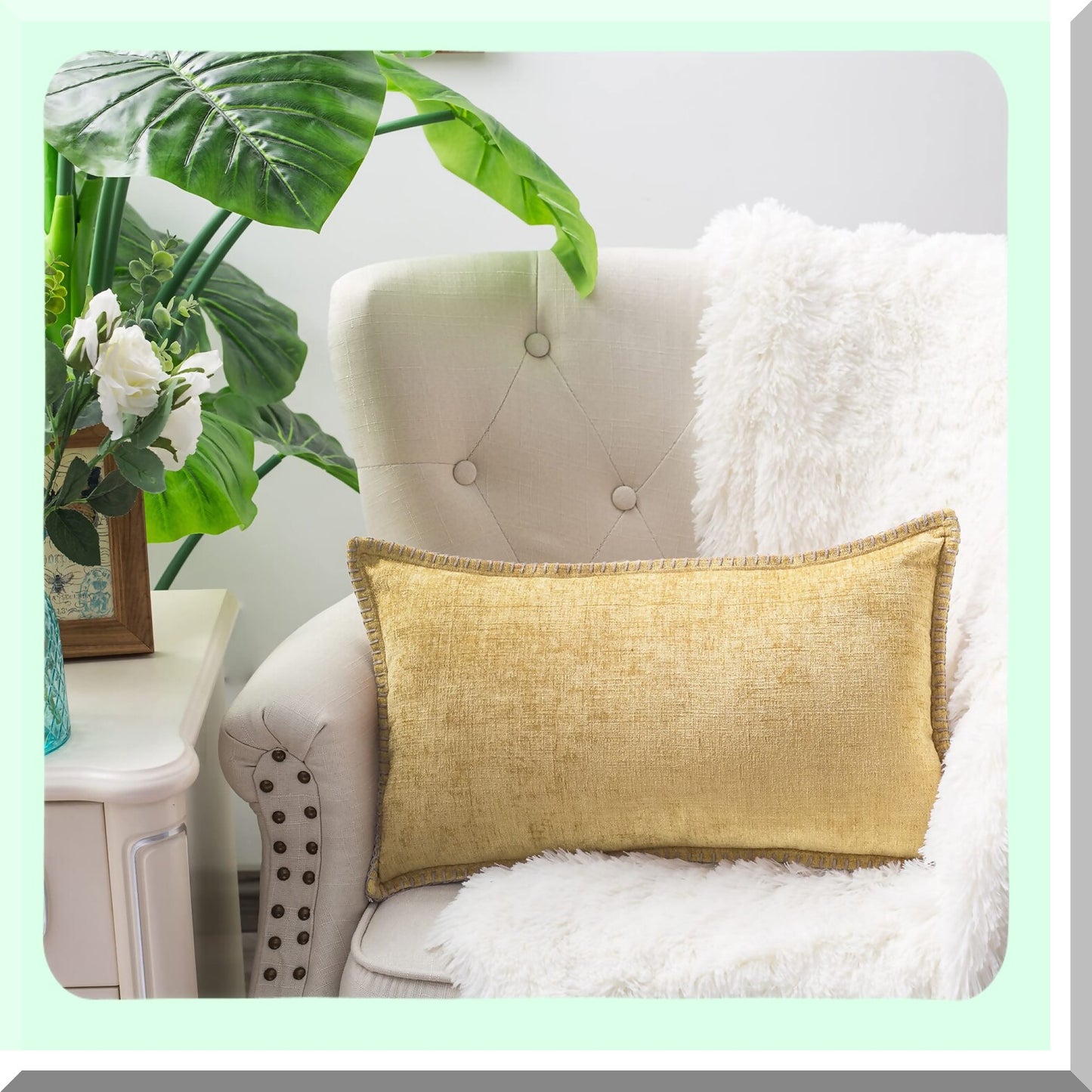 Gold Chenille Stitched Throw Pillow Covers - Set of 2 | Soft Cotton Thread Edges | Solid Dyed Cushion Cases for Couch Sofa Home Decor - 12 X 20 Inches
