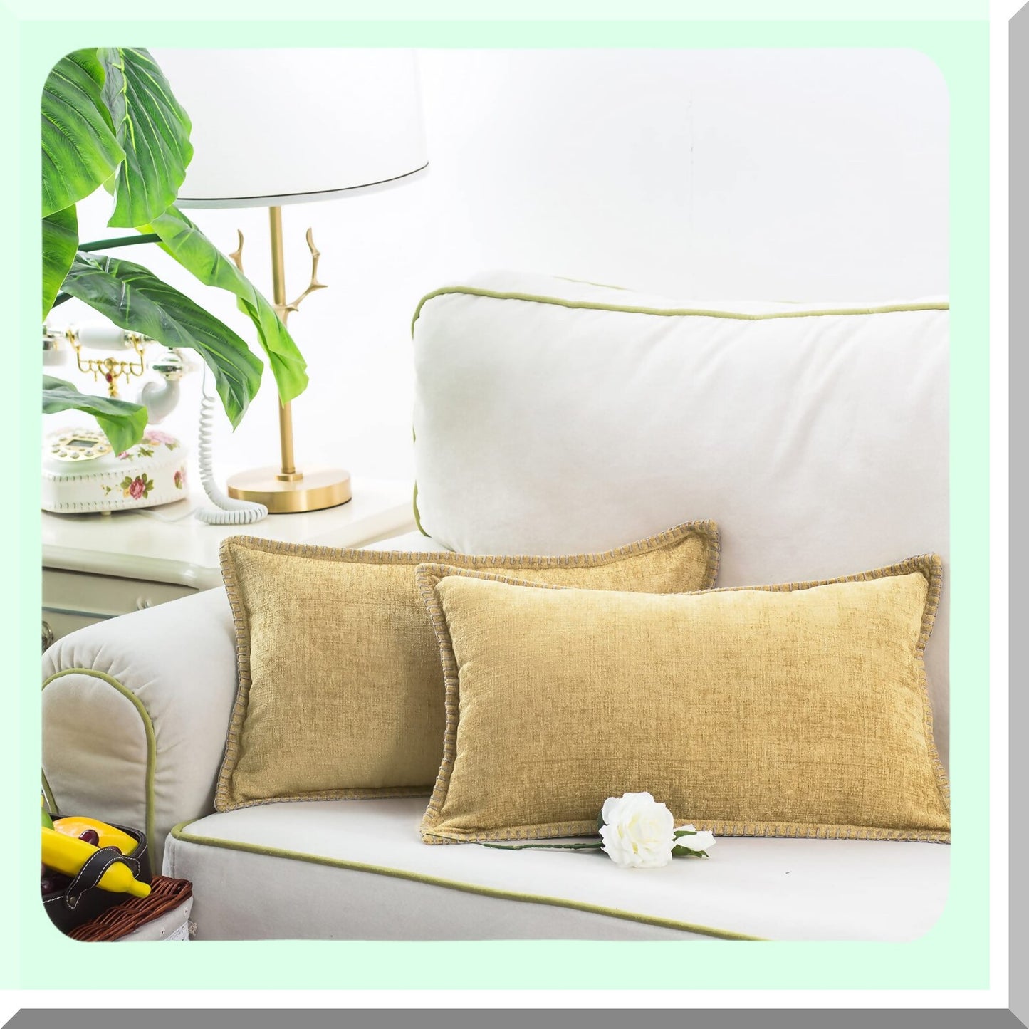 Gold Chenille Stitched Throw Pillow Covers - Set of 2 | Soft Cotton Thread Edges | Solid Dyed Cushion Cases for Couch Sofa Home Decor - 12 X 20 Inches