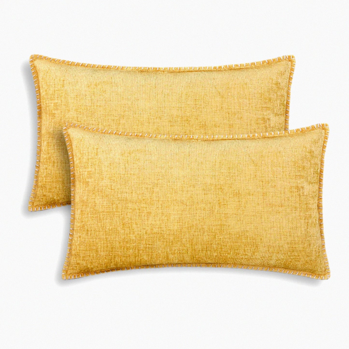 Gold Chenille Stitched Throw Pillow Covers - Set of 2 | Soft Cotton Thread Edges | Solid Dyed Cushion Cases for Couch Sofa Home Decor - 12 X 20 Inches