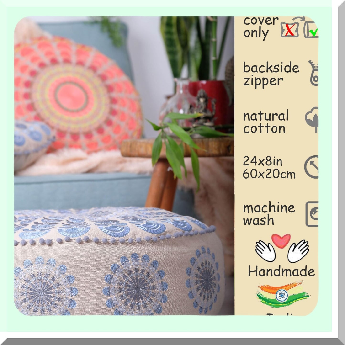 Boho Luxe Meditation Pouf Cover - Artisan Room Decor for Yoga & Chic Seating - Floor Pillow Case for Living Room & Bedroom Accent