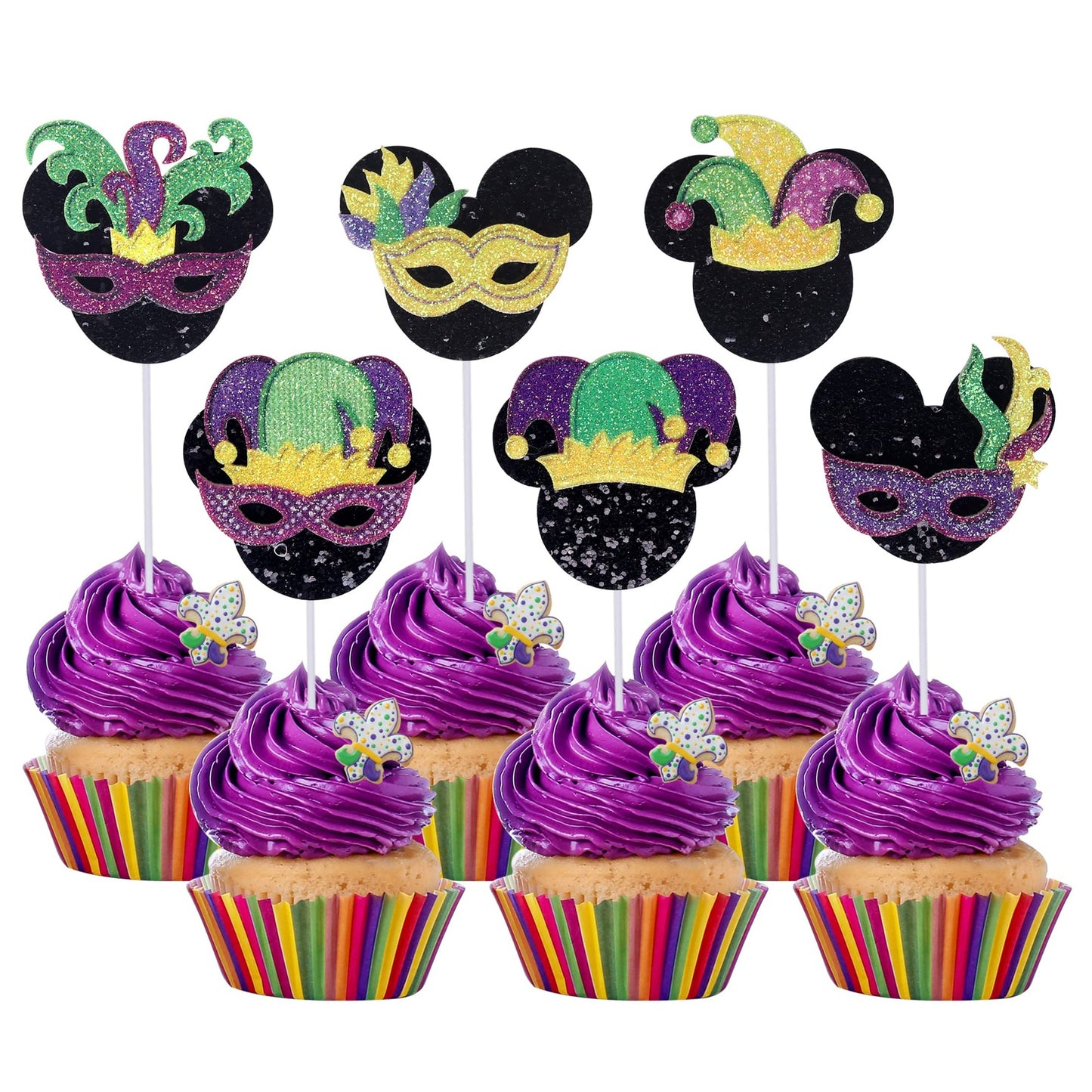 Mardi Gras Minnie Mouse Cupcake Toppers - Glittery Masquerade Cake Picks for Baby Shower & Birthday Party Decor - 24 PCS Theme Supplies