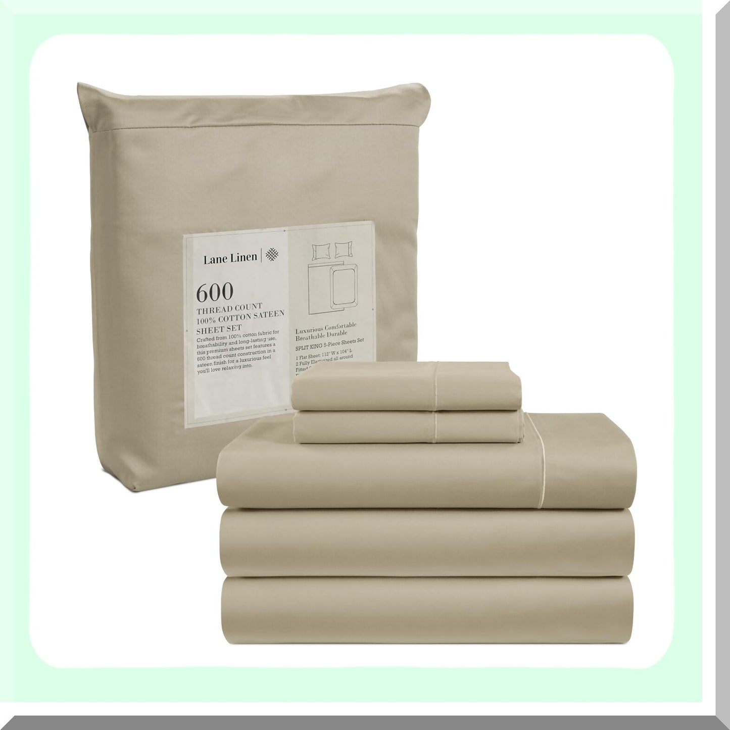 AdjustaLux 600 TC Cotton Split Sheet Set - 5 Piece Luxury Bedding with Deep Pocket, Ultra Soft Pillowcases for Adjustable Beds.