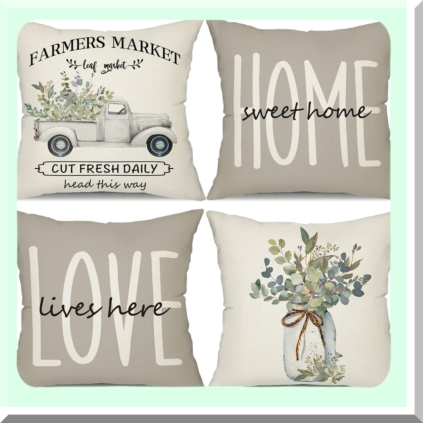 Eucalyptus Farmhouse Home Sweet Home Pillow Covers Set - Decorative Linen Cushion Case 16x16 - Truck Vase Decor Gifts for Home Decor - Set of 4