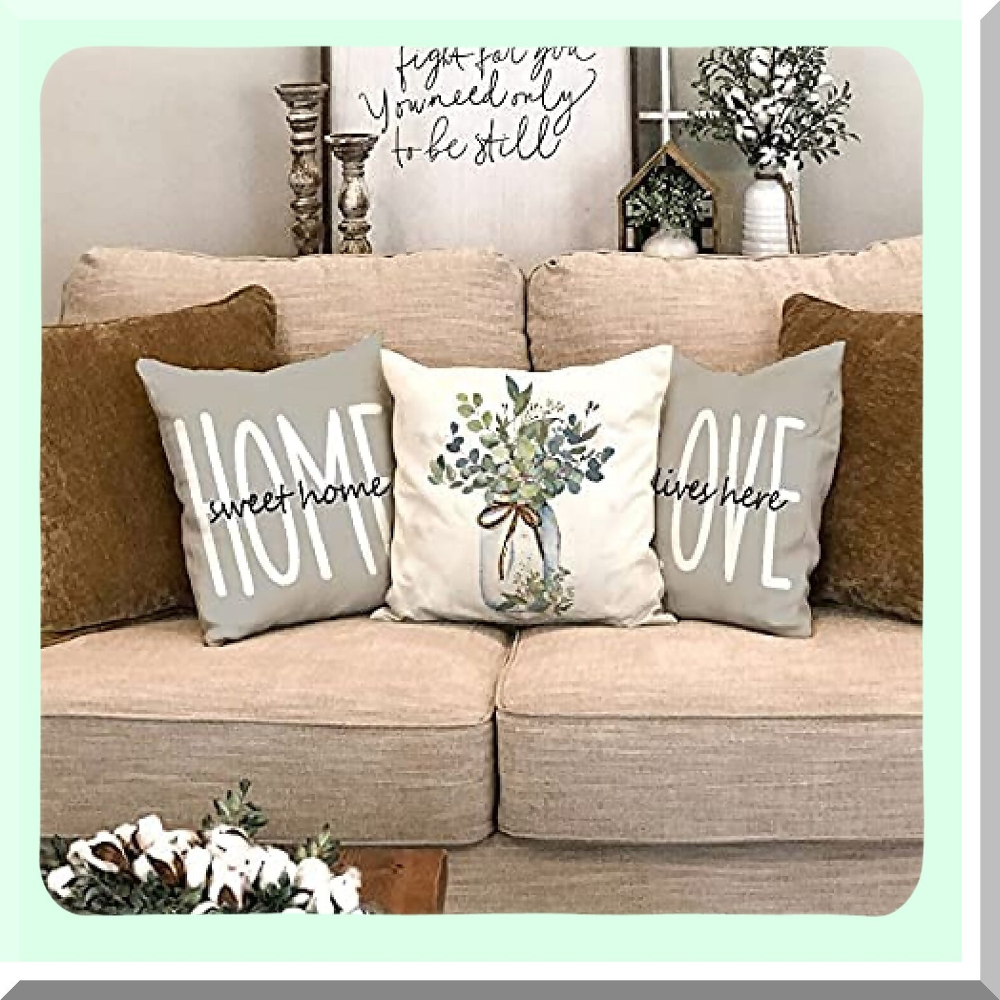 Eucalyptus Farmhouse Home Sweet Home Pillow Covers Set - Decorative Linen Cushion Case 16x16 - Truck Vase Decor Gifts for Home Decor - Set of 4