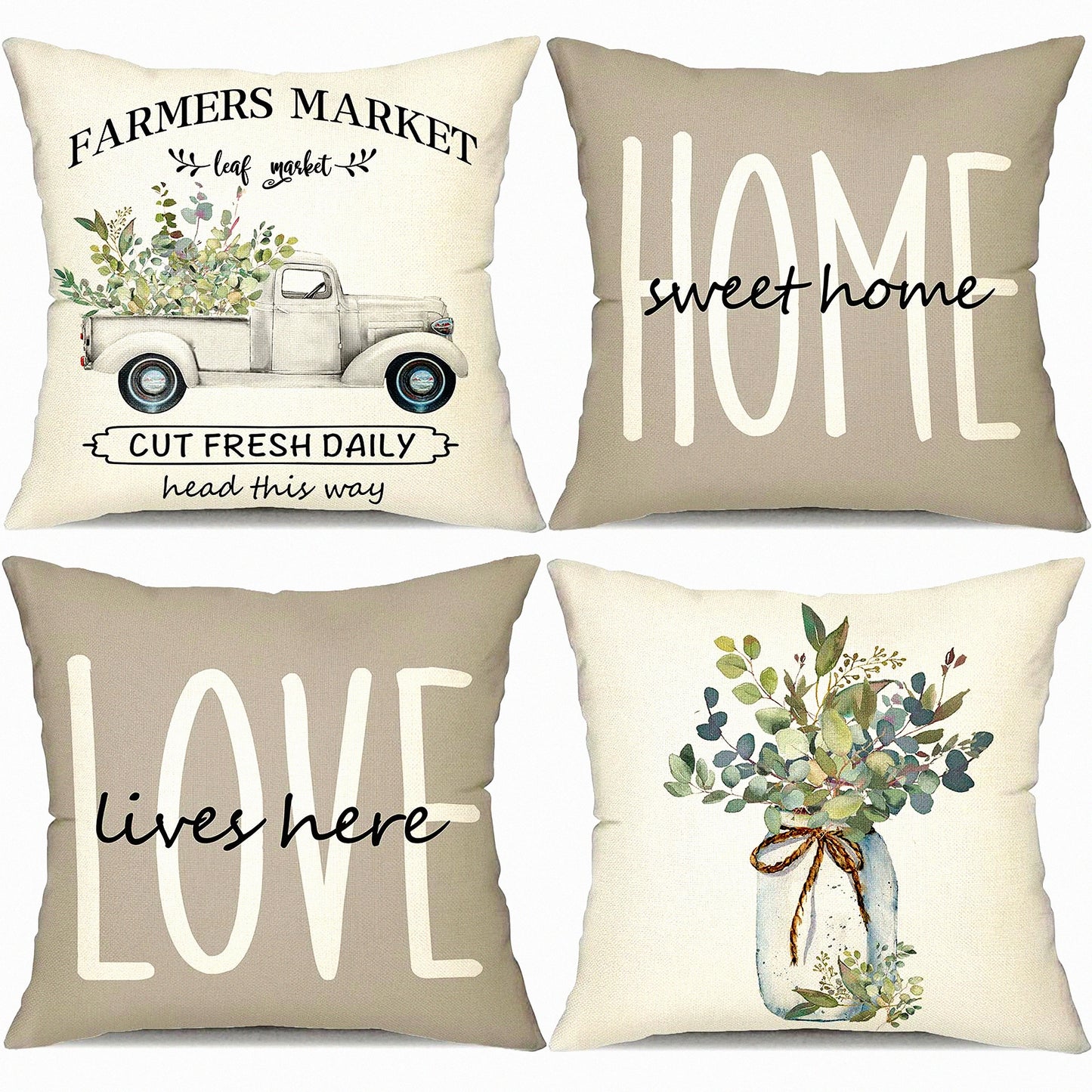 Eucalyptus Farmhouse Home Sweet Home Pillow Covers Set - Decorative Linen Cushion Case 16x16 - Truck Vase Decor Gifts for Home Decor - Set of 4
