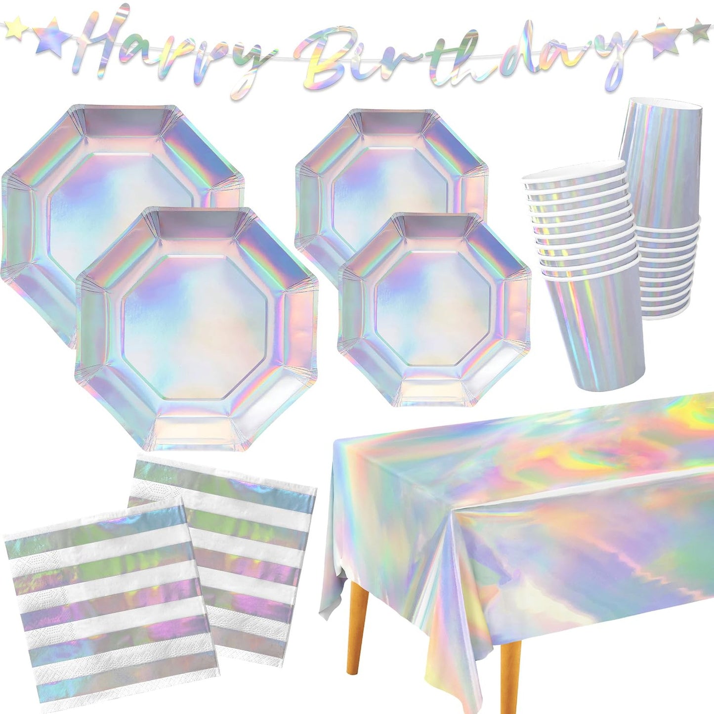 Iridescent Party Pack - Unicorn & Mermaid Themed Disposable Tableware Set for 25 Guests - Plates, Cups, Napkins, Tablecloth, Banner