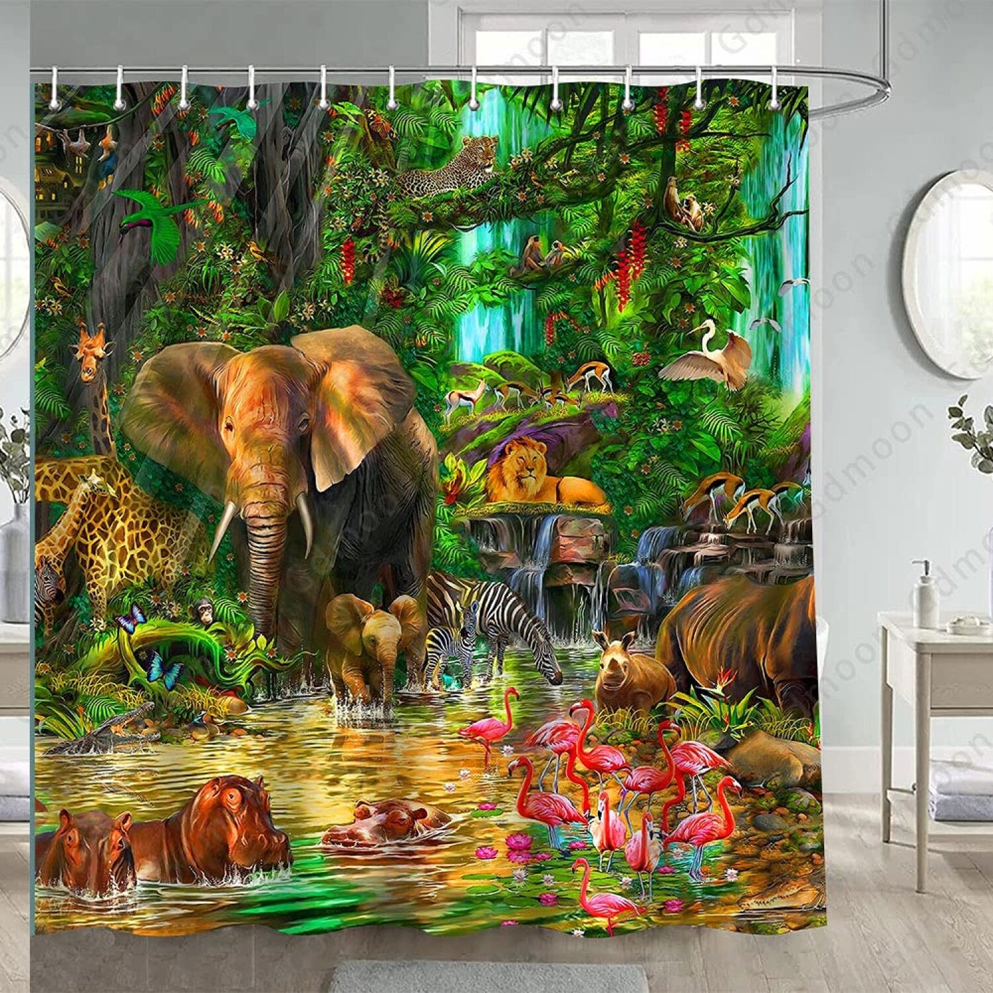 Rainforest Animal Shower Curtain 72x72In with 12 Hooks