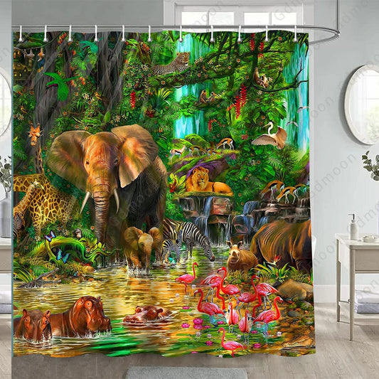 Rainforest Animal Shower Curtain 72x72In with 12 Hooks