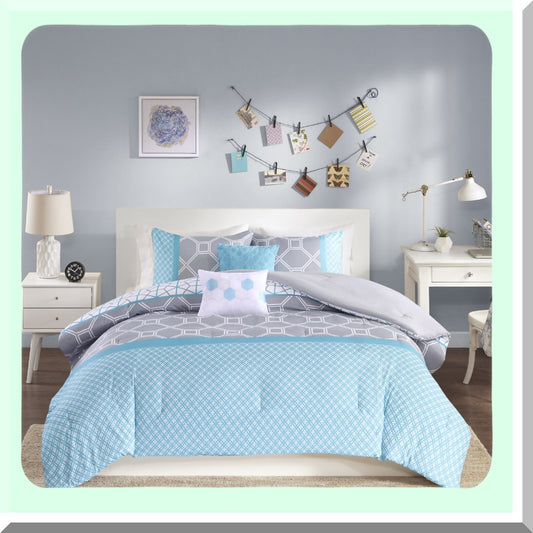 Blue Geometric Dream Comforter Set - TwinXL - 4 Piece - All Seasons - Includes Comforter, Sham, Decorative Pillows - Dorm & Guest Room Essentials
