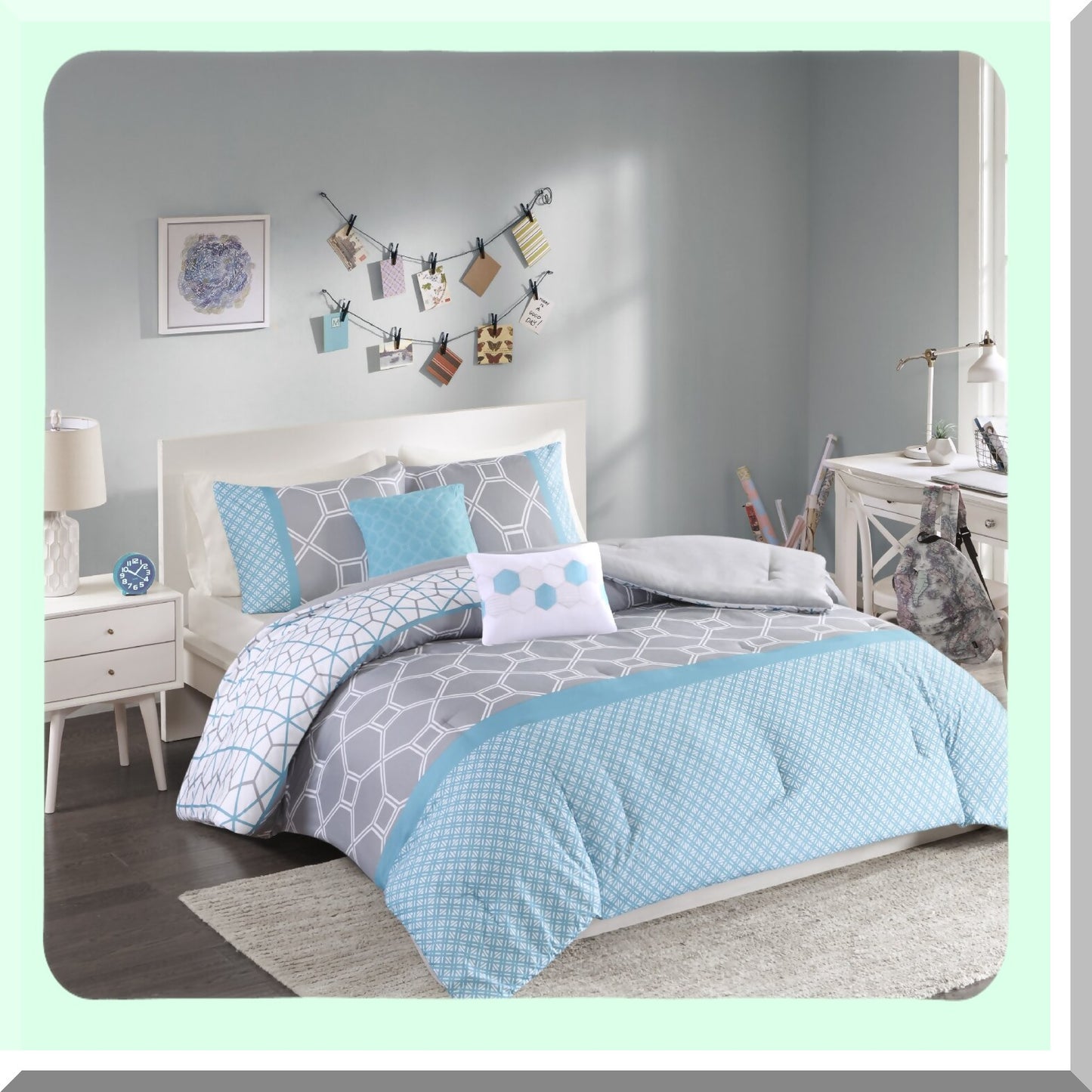 Blue Geometric Dream Comforter Set - TwinXL - 4 Piece - All Seasons - Includes Comforter, Sham, Decorative Pillows - Dorm & Guest Room Essentials