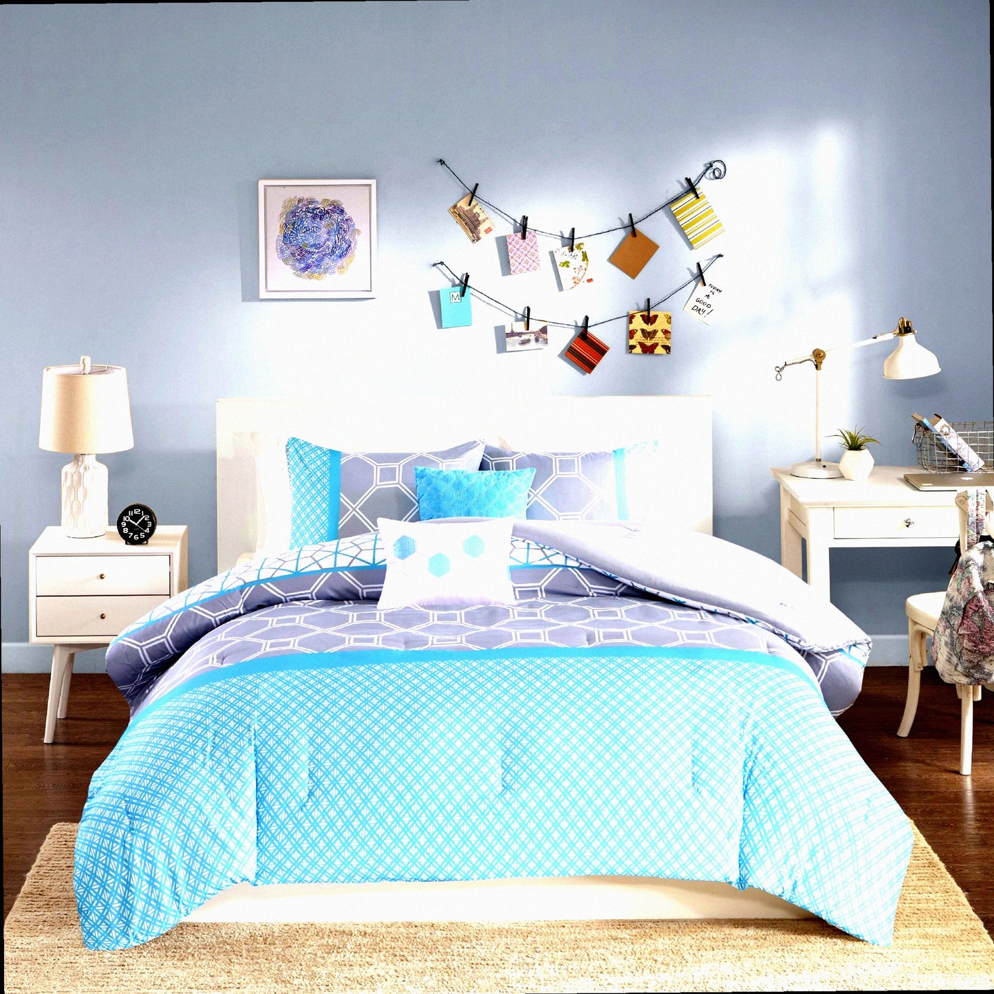 Blue Geometric Dream Comforter Set - TwinXL - 4 Piece - All Seasons - Includes Comforter, Sham, Decorative Pillows - Dorm & Guest Room Essentials