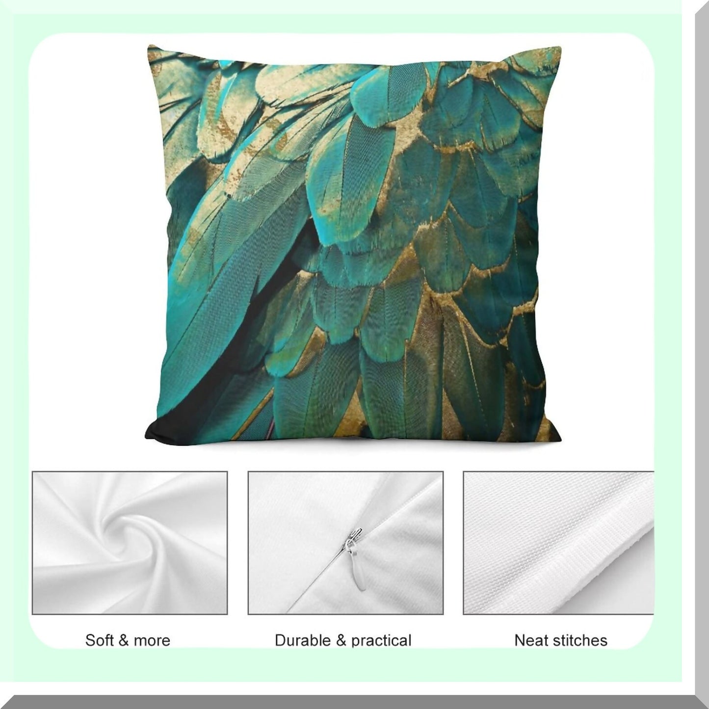 Teal Gold Glitter Square Pillowcase - Cozy Home Decor for Bed Couch Sofa Living Room - Cushion Cover 18'X18' - Sparkling Throw Pillow Cover