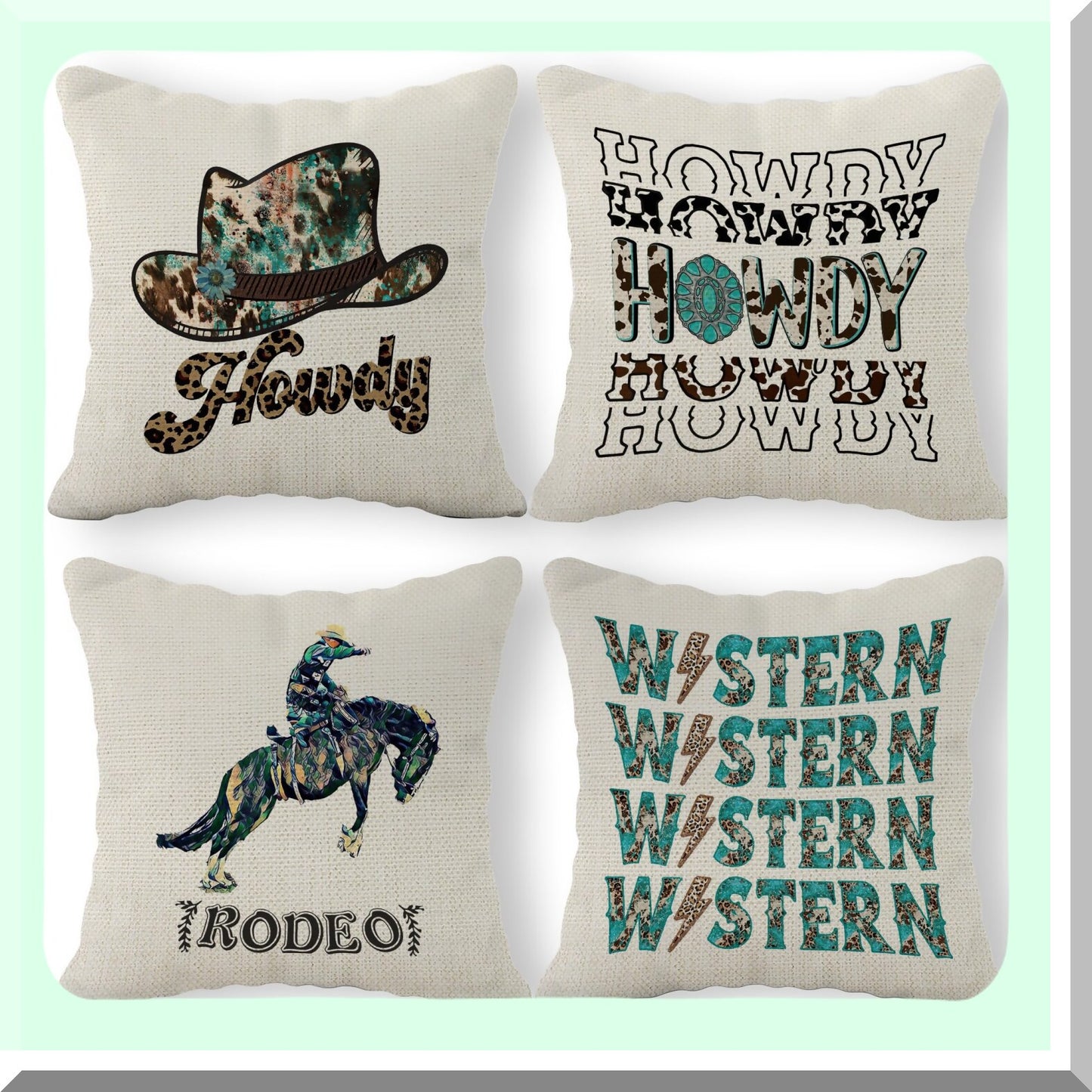 Leopard Turquoise Cowgirl Rodeo Throw Pillow Set - Wild West Teen Girls Gifts - Western Howdy Cushion Covers for Home Decor - 18x18 Inch, Set of 4