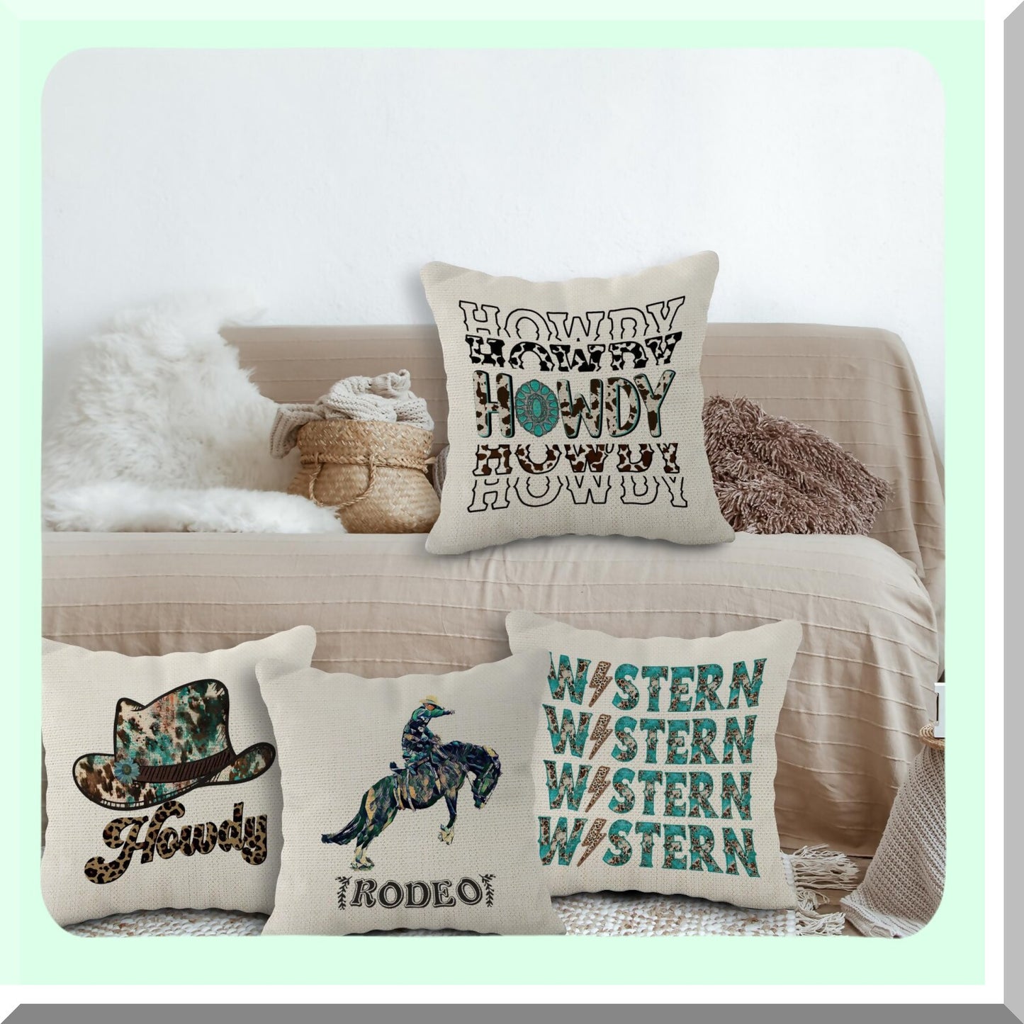Leopard Turquoise Cowgirl Rodeo Throw Pillow Set - Wild West Teen Girls Gifts - Western Howdy Cushion Covers for Home Decor - 18x18 Inch, Set of 4