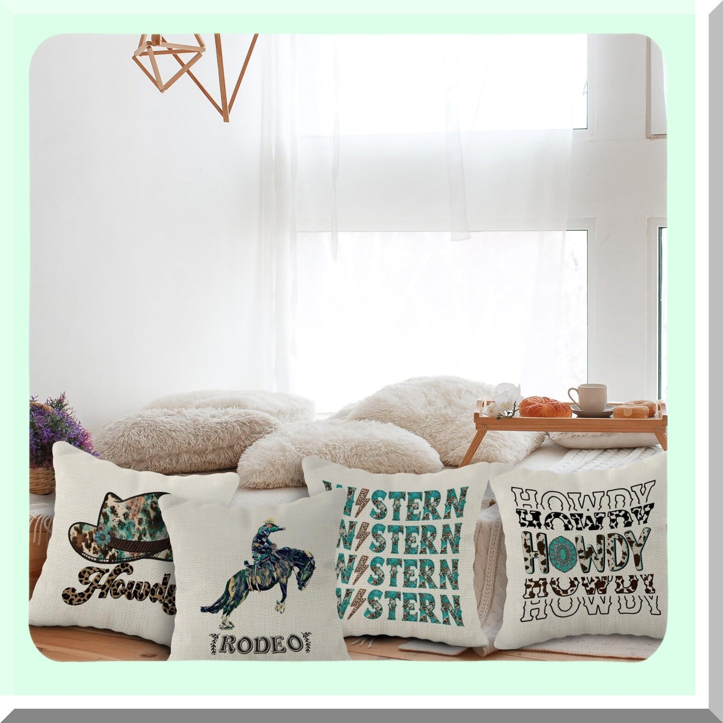 Leopard Turquoise Cowgirl Rodeo Throw Pillow Set - Wild West Teen Girls Gifts - Western Howdy Cushion Covers for Home Decor - 18x18 Inch, Set of 4