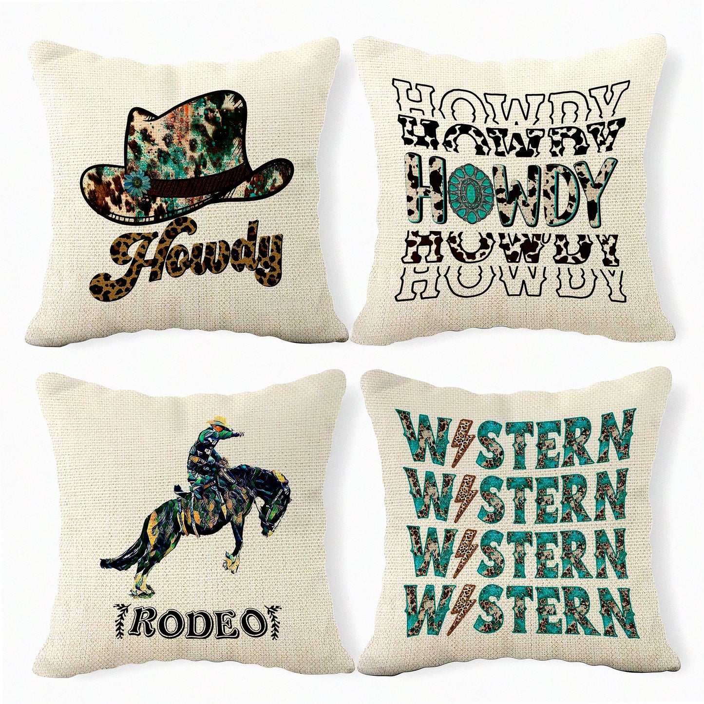 Leopard Turquoise Cowgirl Rodeo Throw Pillow Set - Wild West Teen Girls Gifts - Western Howdy Cushion Covers for Home Decor - 18x18 Inch, Set of 4