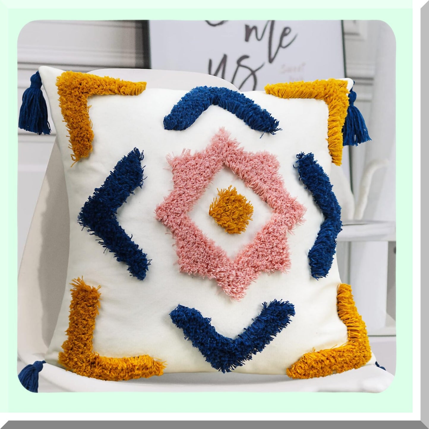 Diamond Tufted Boho Pillow Covers - Blue Yellow Pink Woven Soft Decorative Tels - Modern Geometric Accent Cushion Cover for Bed Couch Sofa Bedroom