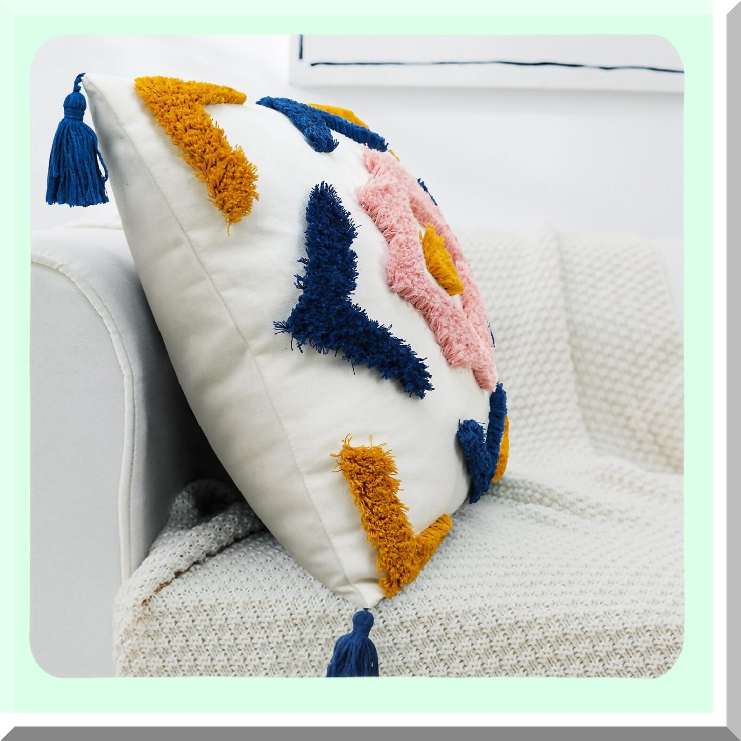 Diamond Tufted Boho Pillow Covers - Blue Yellow Pink Woven Soft Decorative Tels - Modern Geometric Accent Cushion Cover for Bed Couch Sofa Bedroom