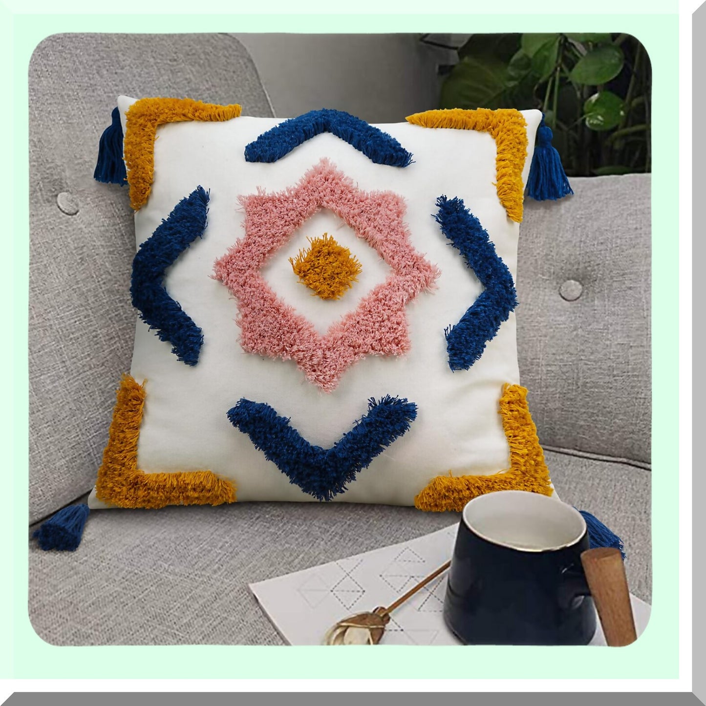 Diamond Tufted Boho Pillow Covers - Blue Yellow Pink Woven Soft Decorative Tels - Modern Geometric Accent Cushion Cover for Bed Couch Sofa Bedroom