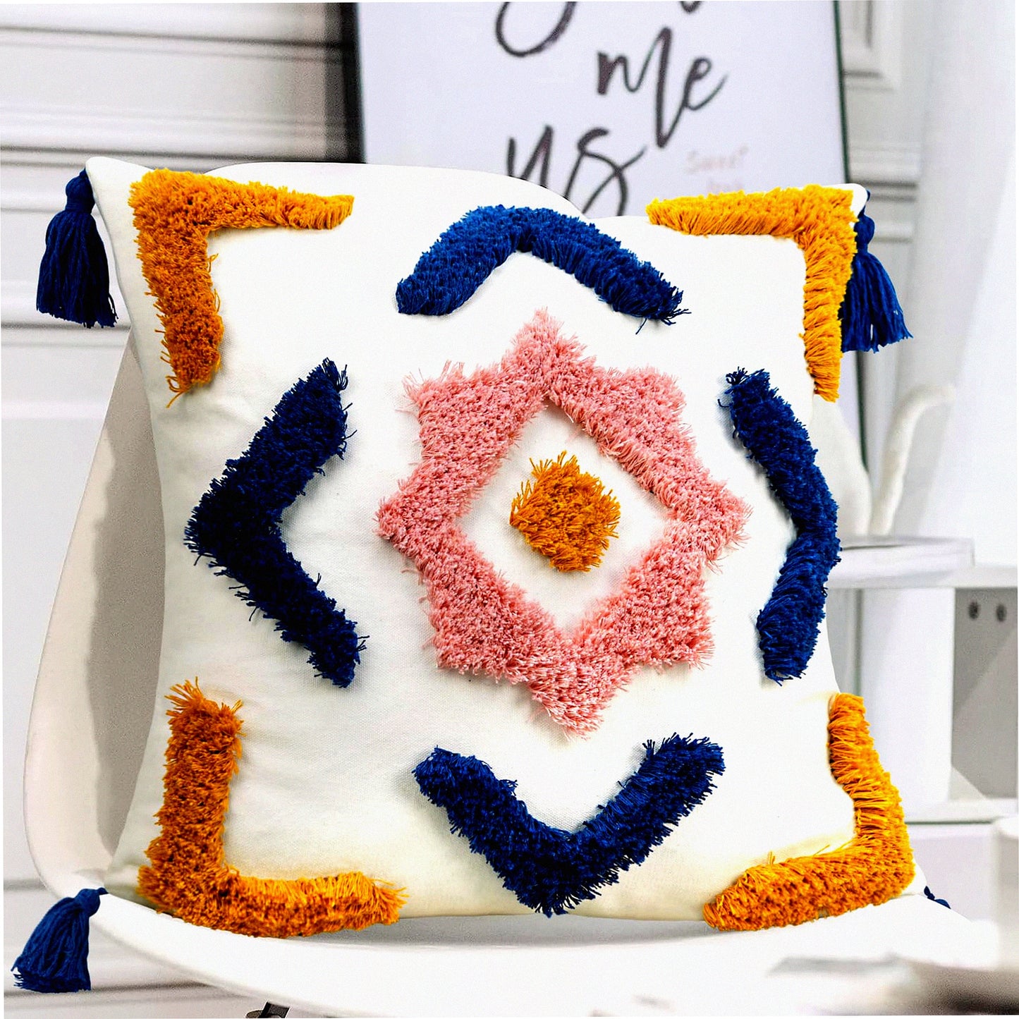 Diamond Tufted Boho Pillow Covers - Blue Yellow Pink Woven Soft Decorative Tels - Modern Geometric Accent Cushion Cover for Bed Couch Sofa Bedroom