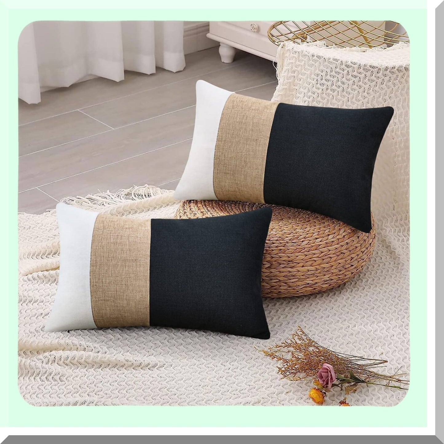 Monochrome Farmhouse Lumbar Pillow Covers - Set of 2 | Boho Decorative Cushion Cases for Couch, Sofa, Bed | 12x20 Inch Throw Pillow Covers