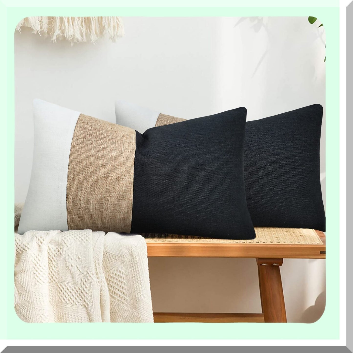 Monochrome Farmhouse Lumbar Pillow Covers - Set of 2 | Boho Decorative Cushion Cases for Couch, Sofa, Bed | 12x20 Inch Throw Pillow Covers
