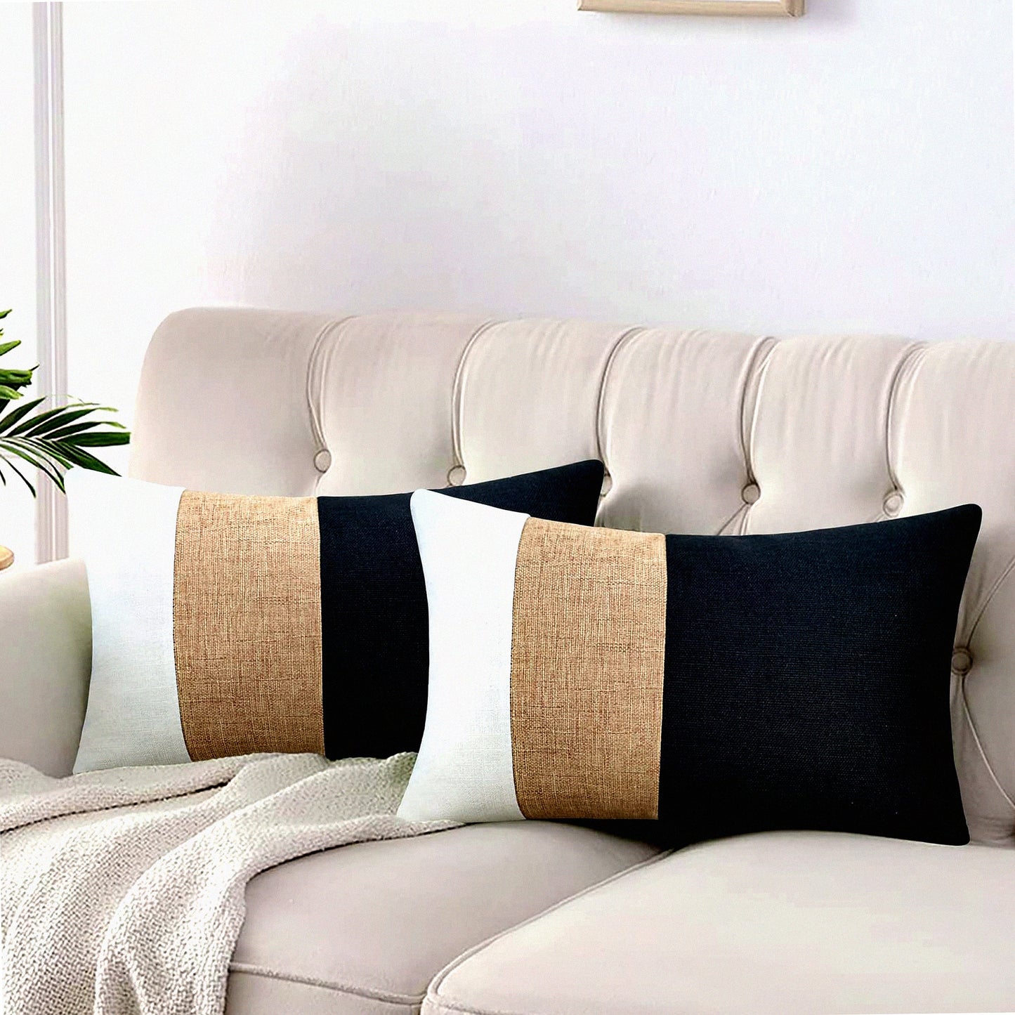 Monochrome Farmhouse Lumbar Pillow Covers - Set of 2 | Boho Decorative Cushion Cases for Couch, Sofa, Bed | 12x20 Inch Throw Pillow Covers