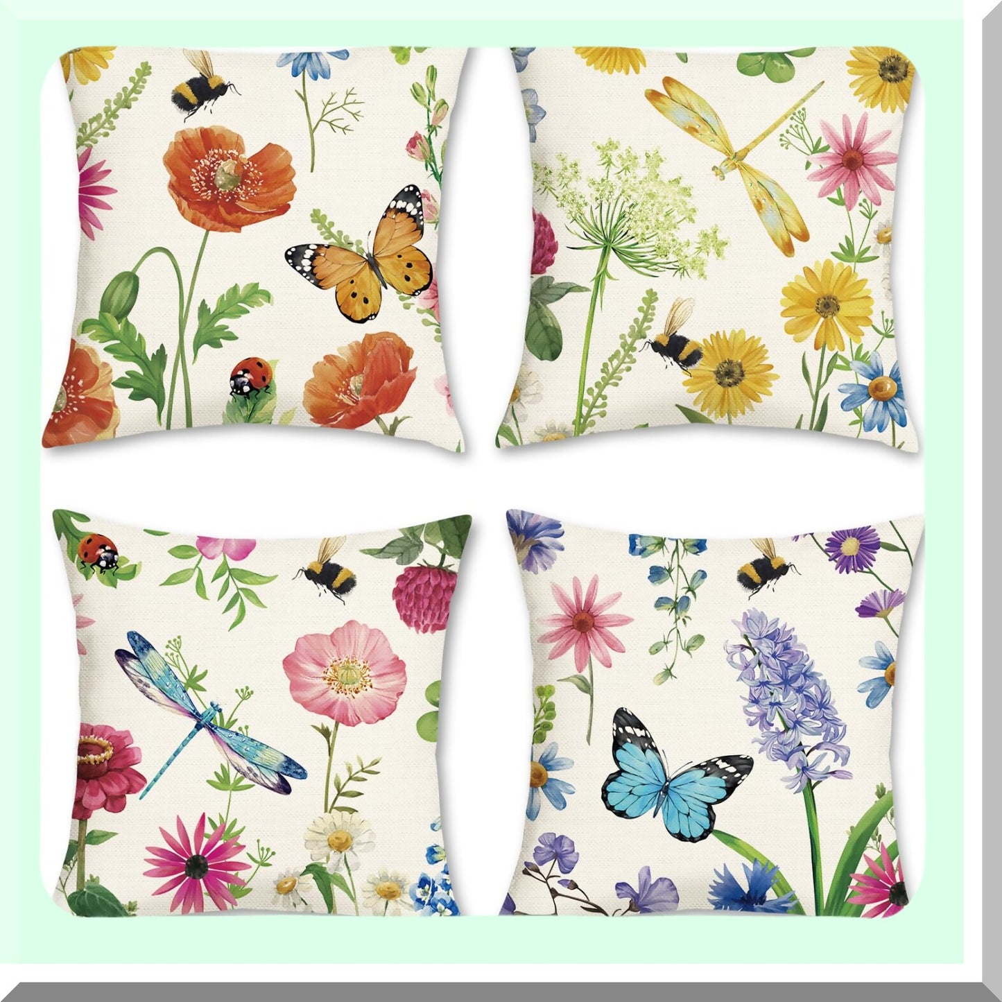 Wildflower Blooms Pillow Cover Set - Spring Floral 18x18 Outdoor Cushion Cases for Patio, Sofa, Bedroom, Car - Butterfly Plant Decor - Home Accent