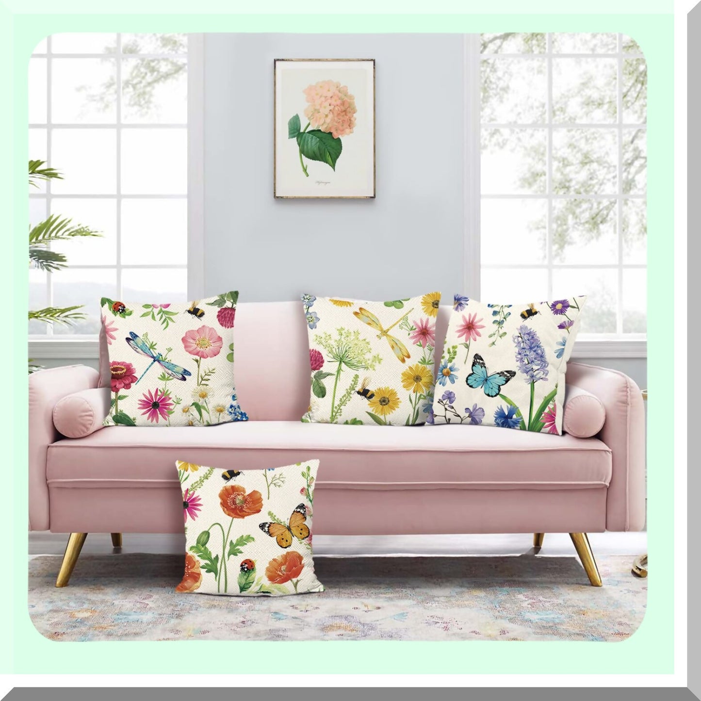 Wildflower Blooms Pillow Cover Set - Spring Floral 18x18 Outdoor Cushion Cases for Patio, Sofa, Bedroom, Car - Butterfly Plant Decor - Home Accent