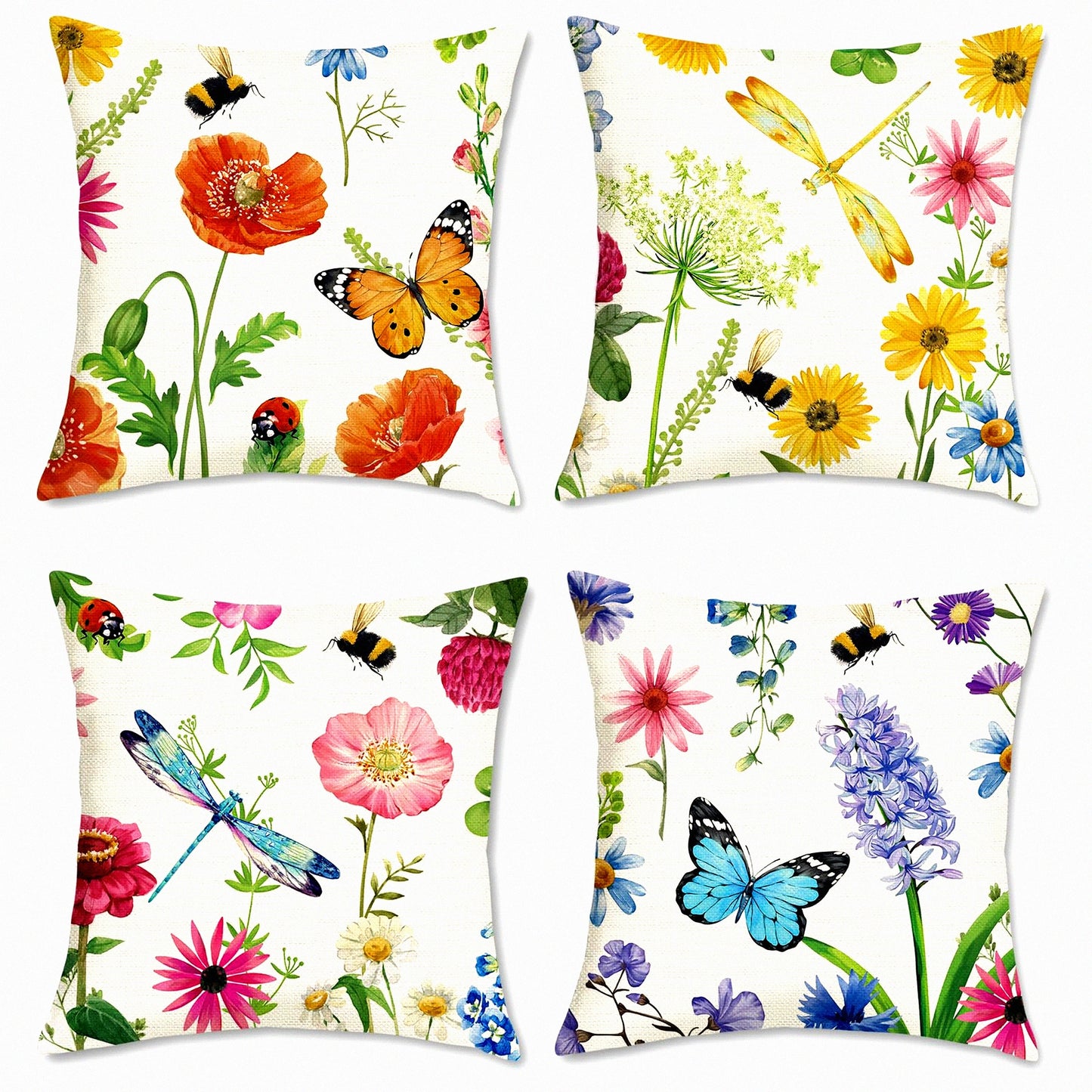 Wildflower Blooms Pillow Cover Set - Spring Floral 18x18 Outdoor Cushion Cases for Patio, Sofa, Bedroom, Car - Butterfly Plant Decor - Home Accent