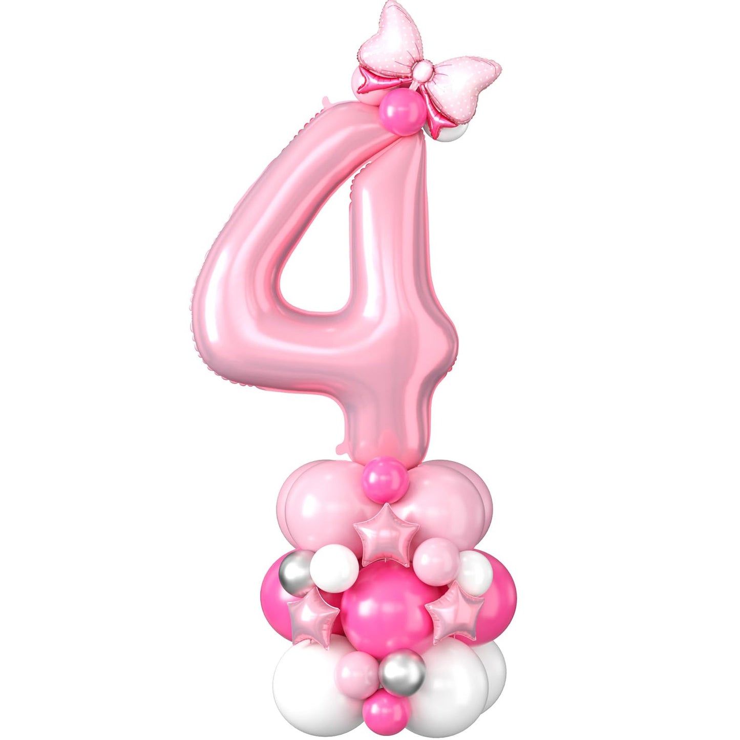 Pink Number 4 Tower Balloon Set - Giant 40" Mylar Balloons for 4th Birthday & Anniversary Party Decorations - Pastel Baby Pink & Hot Pink White Theme