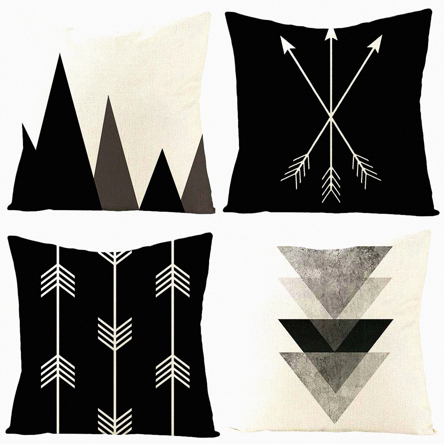 Arrow Mountain Decorative Pillow Covers Set - Black White 18x18 Square Cushion Cases - Zippered Cotton Linen Sofa Room Decor - Pack of 4