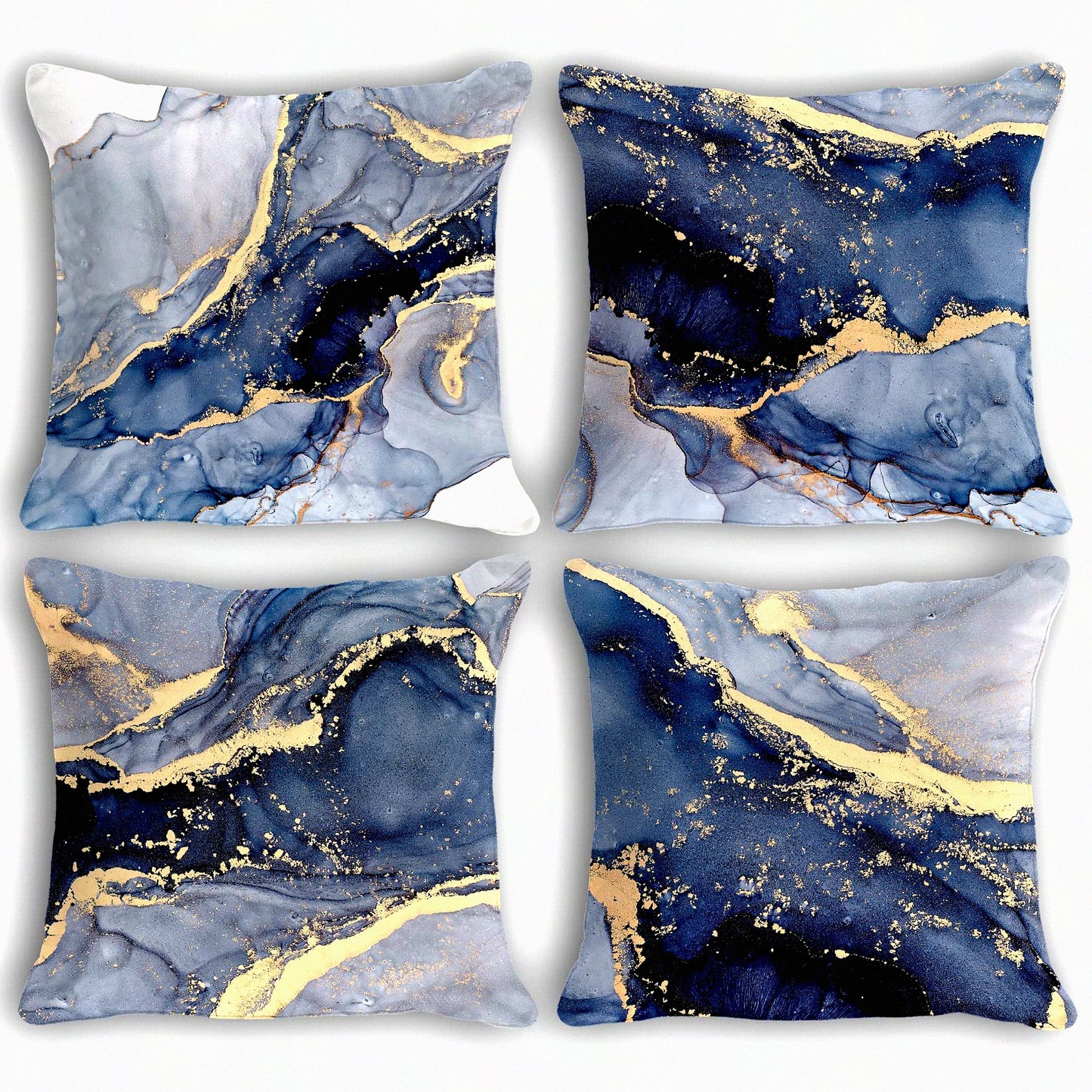 Blue Gold Marble Watercolor Throw Pillow Set - Modern Abstract Art Decorations for Home Bedroom, Minimalist Boho Pillowcase Cover 18x18 Inch (4 Pack)
