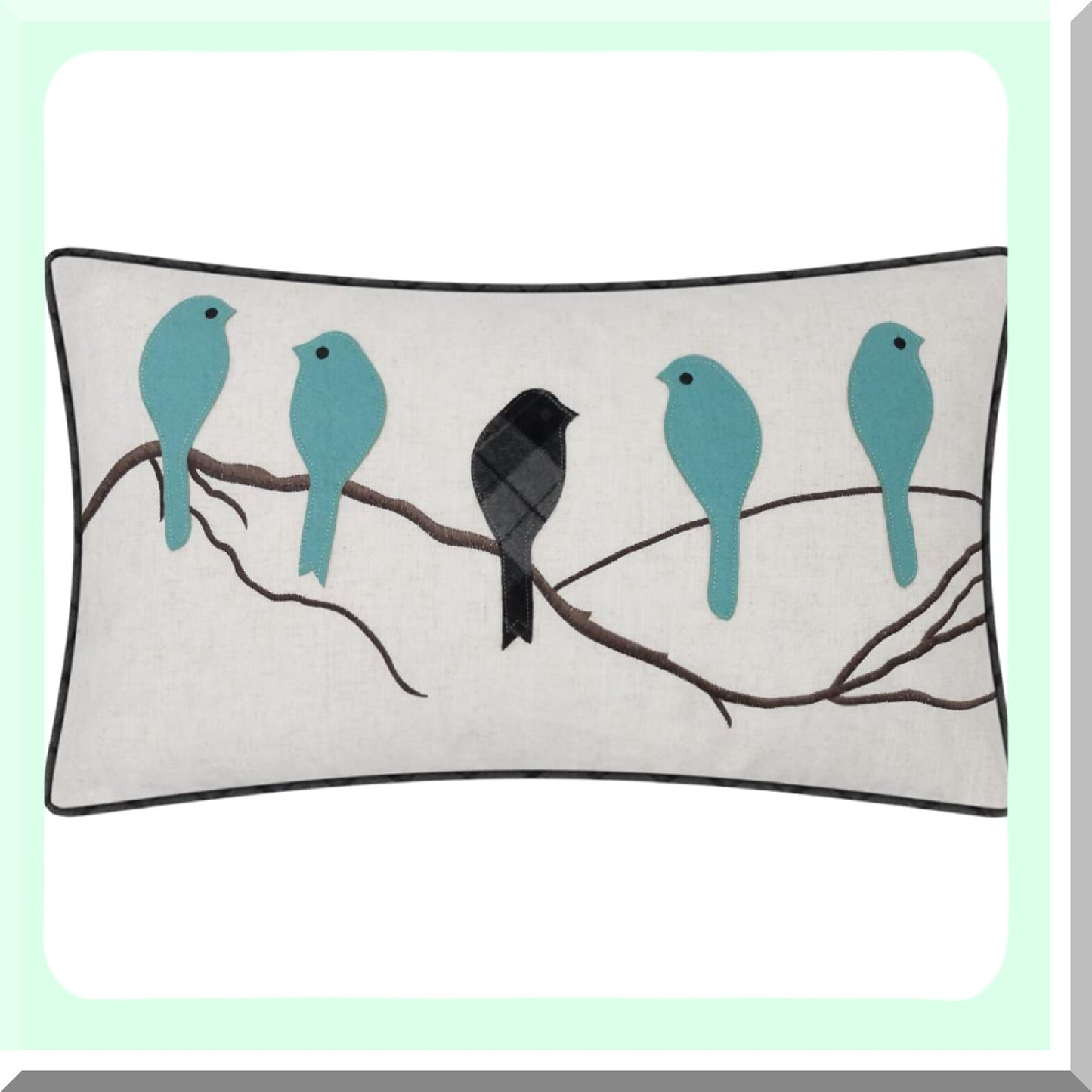 Birds Embroidered Wool Accent Pillow Cover - Teal Blue Gray Plaid Decorative Cushion Case for Home Sofa Car Bed Living Room - Hand-Appliqued Gift 14x24"