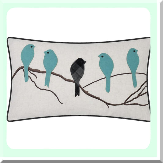 Birds Embroidered Wool Pillow Cover 14x24"