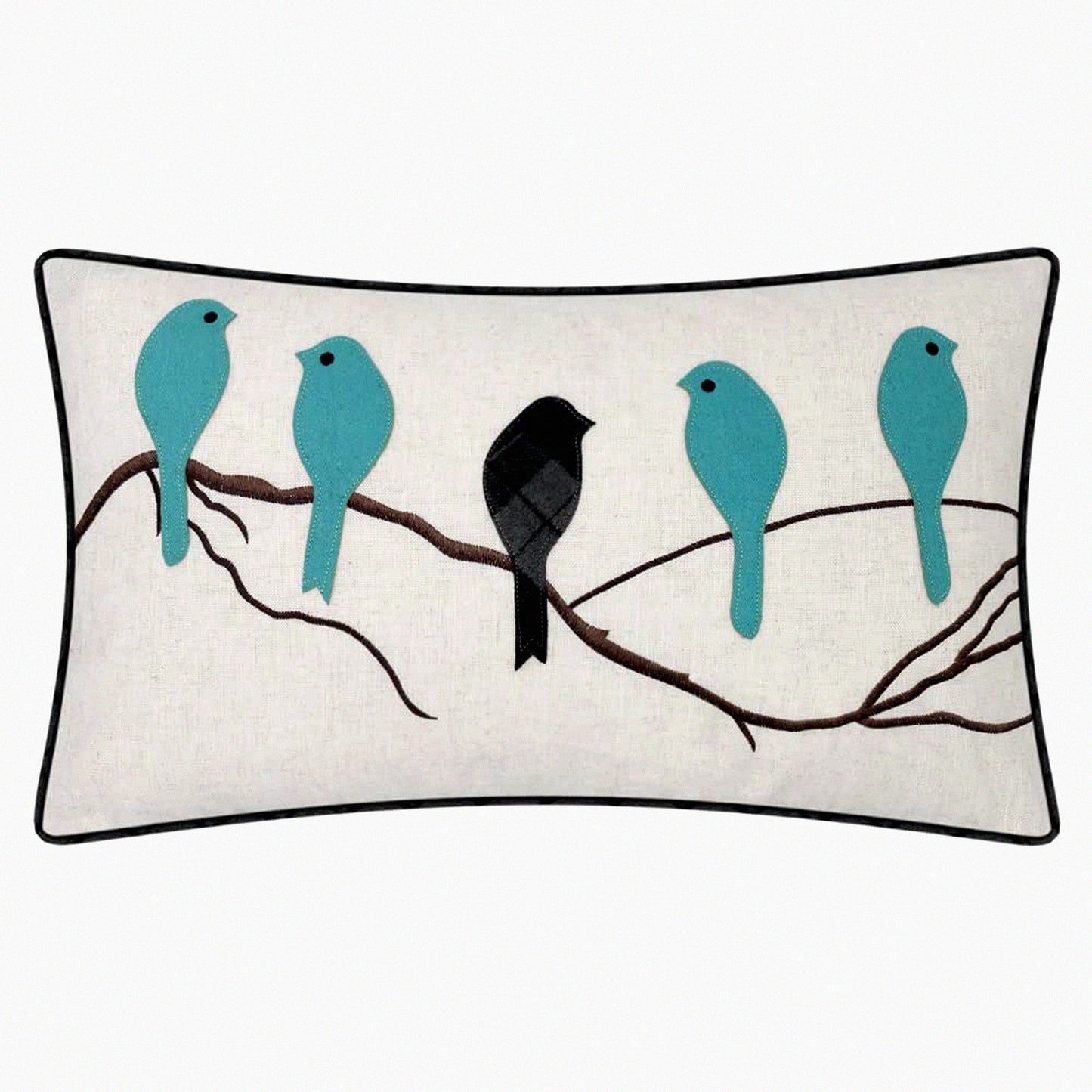 Birds Embroidered Wool Accent Pillow Cover - Teal Blue Gray Plaid Decorative Cushion Case for Home Sofa Car Bed Living Room - Hand-Appliqued Gift 14x24"