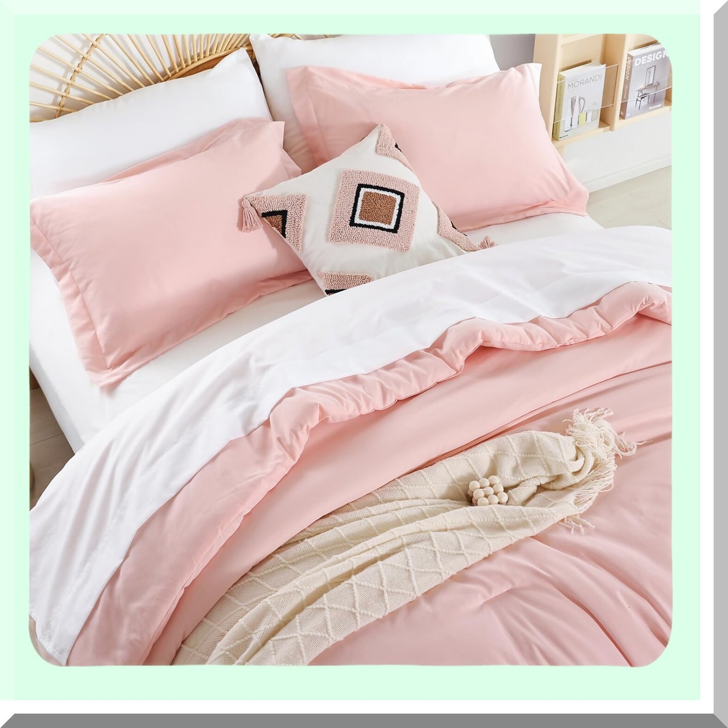Pink Bliss Farmhouse Comforter Set - 5 Piece Microfiber Bedding Bundle with Sheets, Pillowcases, and Shams - Lightweight, Soft, All Season Comforter