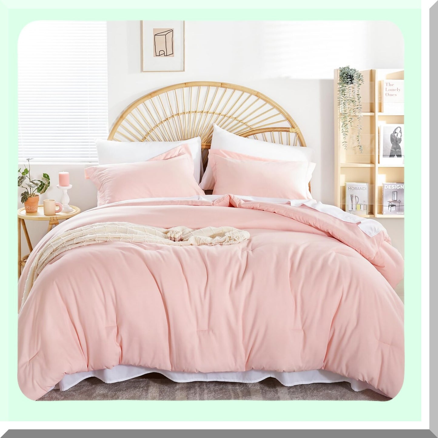 Pink Bliss Farmhouse Comforter Set - 5 Piece Microfiber Bedding Bundle with Sheets, Pillowcases, and Shams - Lightweight, Soft, All Season Comforter