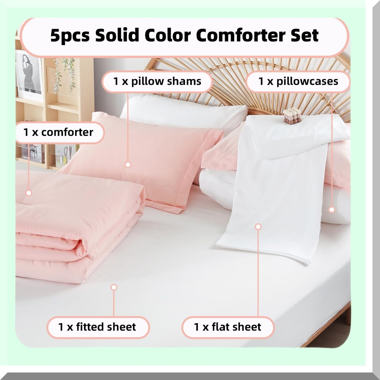 Pink Bliss Farmhouse Comforter Set - 5 Piece Microfiber Bedding Bundle with Sheets, Pillowcases, and Shams - Lightweight, Soft, All Season Comforter