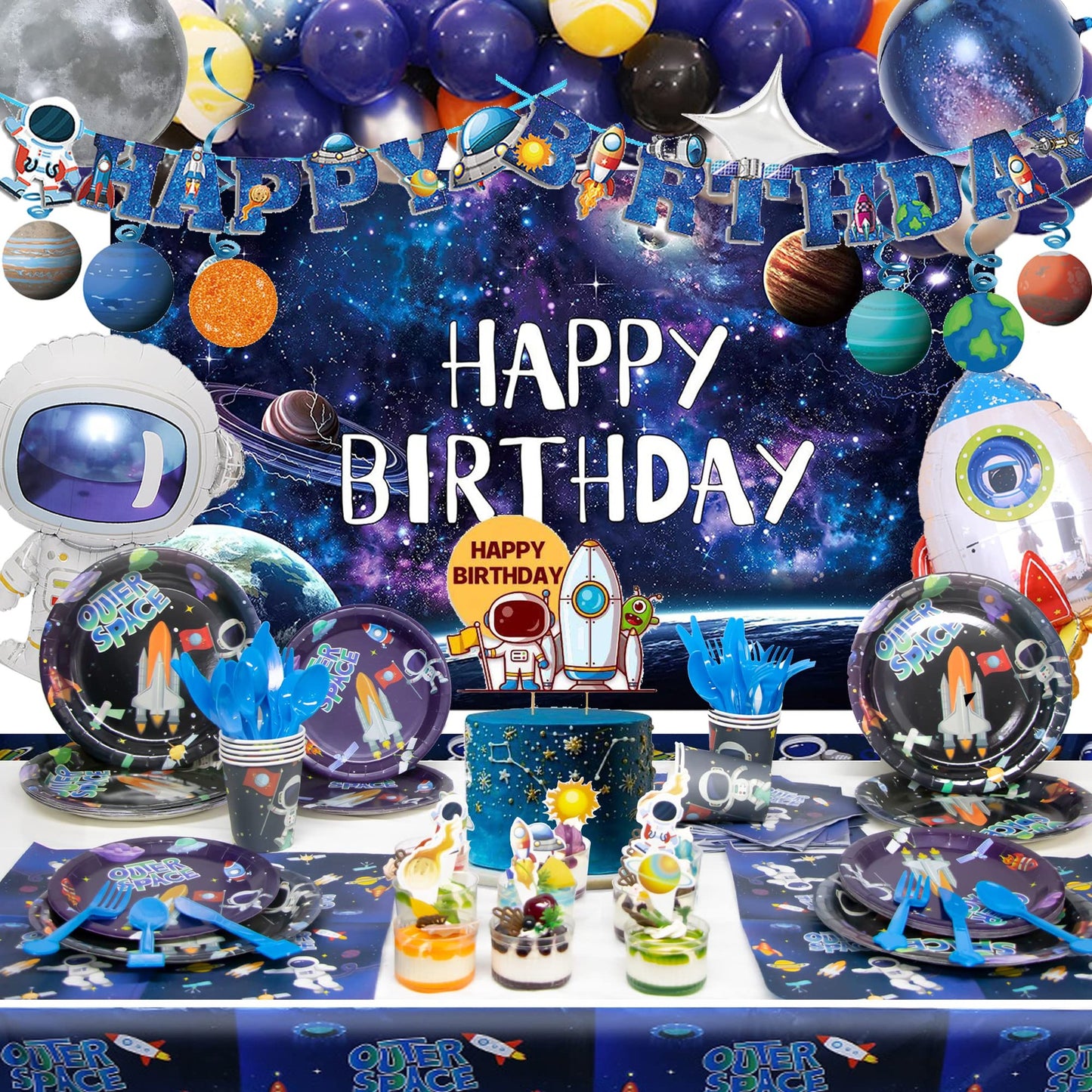 Galactic Celebration Kit - Complete Outer Space Birthday Party Decor Set with Balloons, Banner, Cake Topper, Plates, Napkins, Cups, Tablecloth, and Backdrop