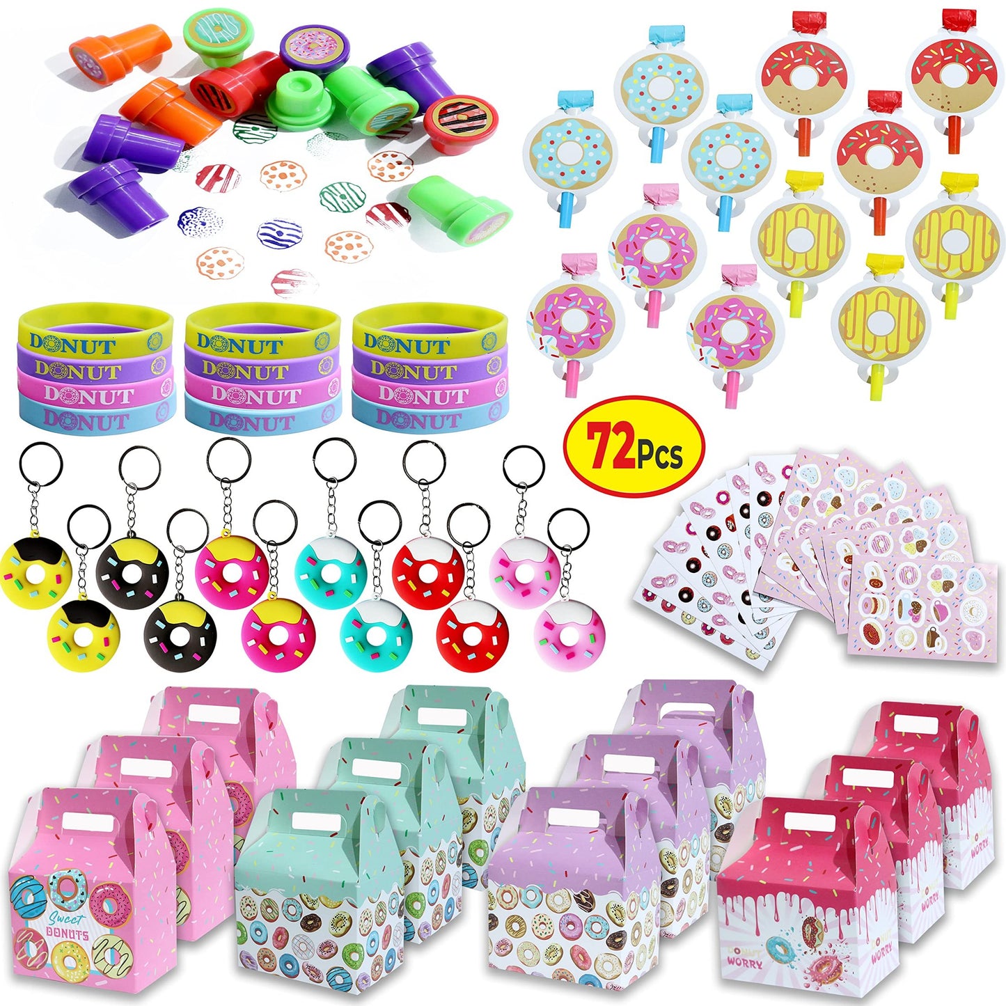 Donut Party Pack - 72-Piece Birthday Favor Set with Stampers, Keychains, Stickers, Wristbands. Perfect for Boys and Girls, Sweet Doughnut Gift Set.