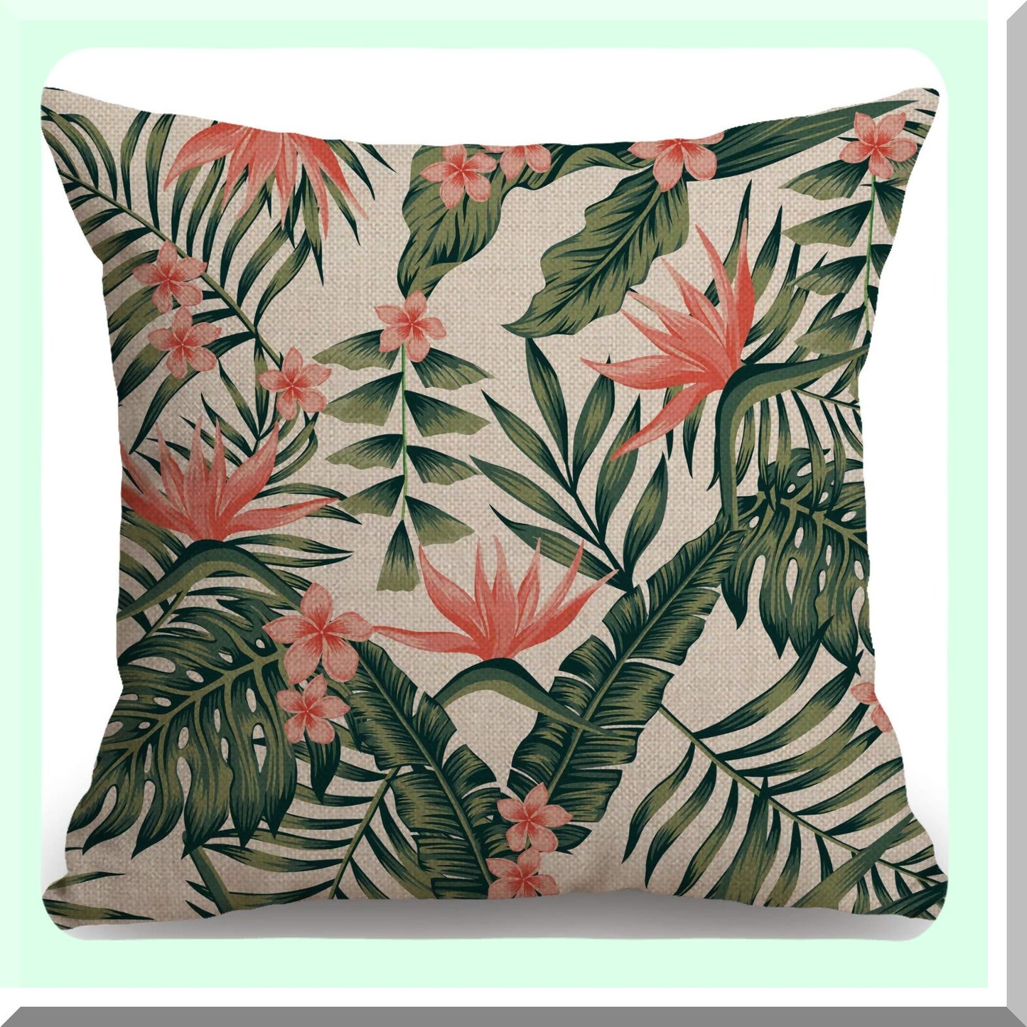 Tropical Palm Leaves Decorative Pillow Cover - Beach Cheerful 18x18 Inch Cushion Case for Modern Farmhouse Style Decor - Dark Green Flowers Couch Pillow Cover