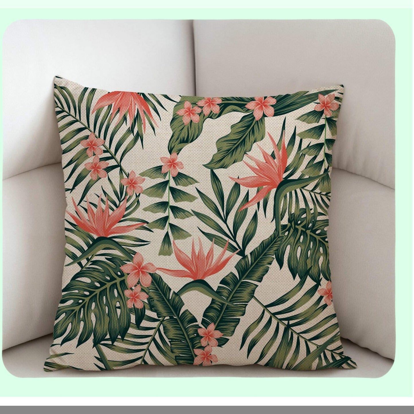 Tropical Palm Leaves Decorative Pillow Cover - Beach Cheerful 18x18 Inch Cushion Case for Modern Farmhouse Style Decor - Dark Green Flowers Couch Pillow Cover
