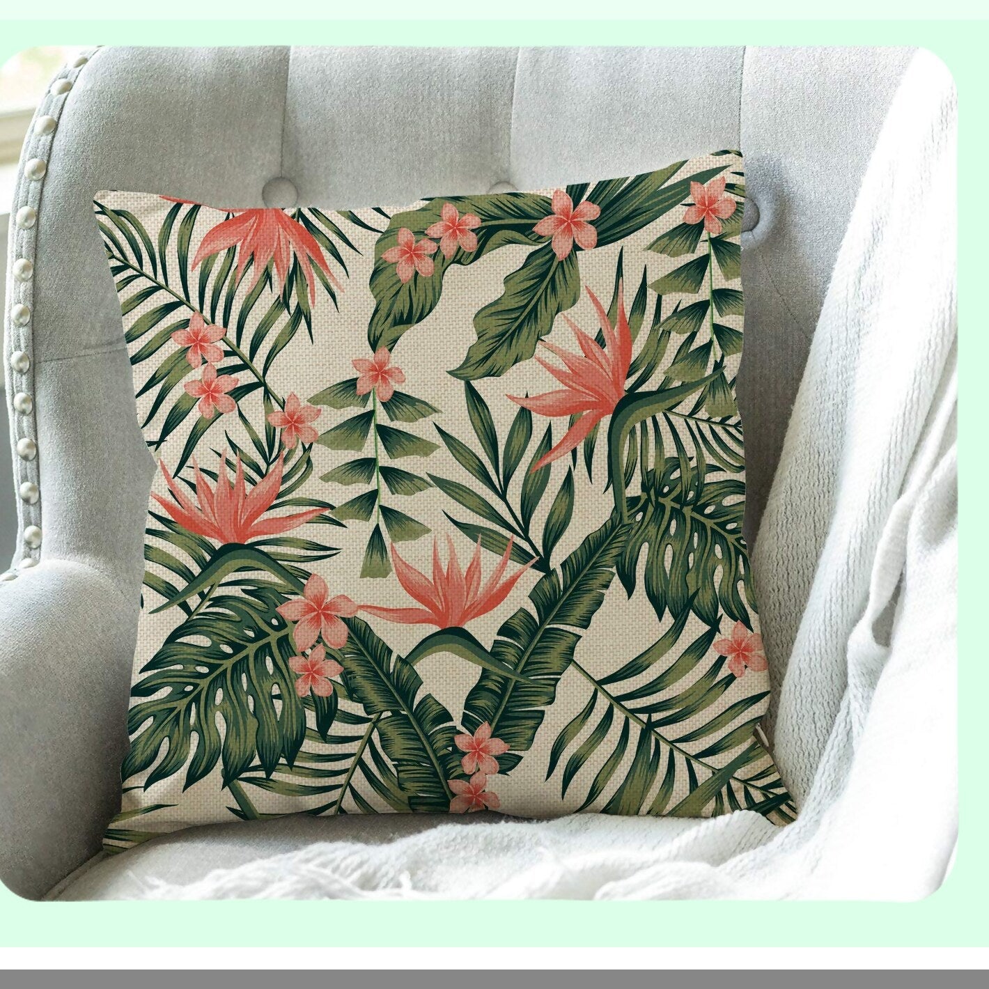 Tropical Palm Leaves Decorative Pillow Cover - Beach Cheerful 18x18 Inch Cushion Case for Modern Farmhouse Style Decor - Dark Green Flowers Couch Pillow Cover