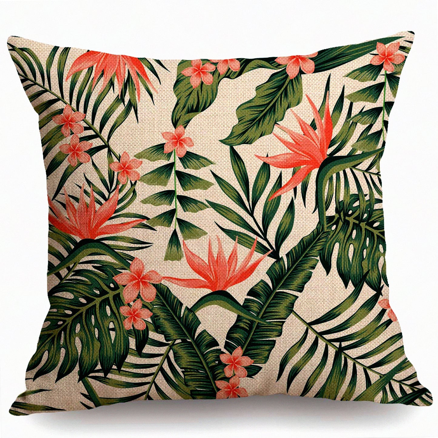 Tropical Palm Leaves Decorative Pillow Cover - Beach Cheerful 18x18 Inch Cushion Case for Modern Farmhouse Style Decor - Dark Green Flowers Couch Pillow Cover