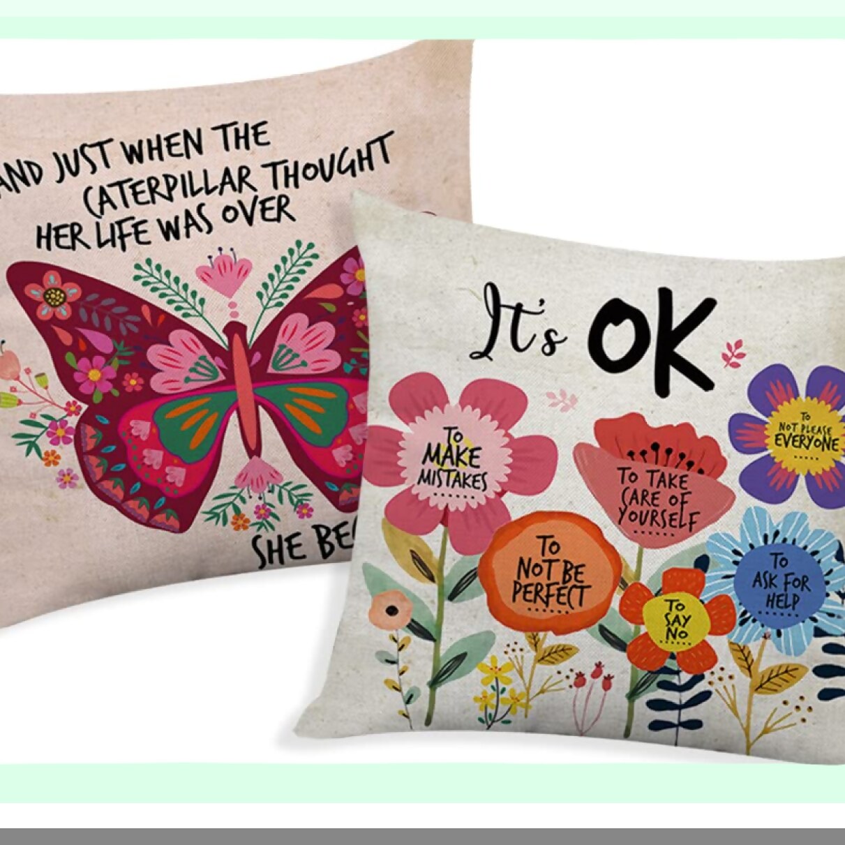 Butterfly Blooms Inspirational Pillow Covers - Set of 2 | Colorful Flowers Decorative Throw Pillow Cases for Girls & Women | Inspirational Gifts for Friends | It's OK Quote