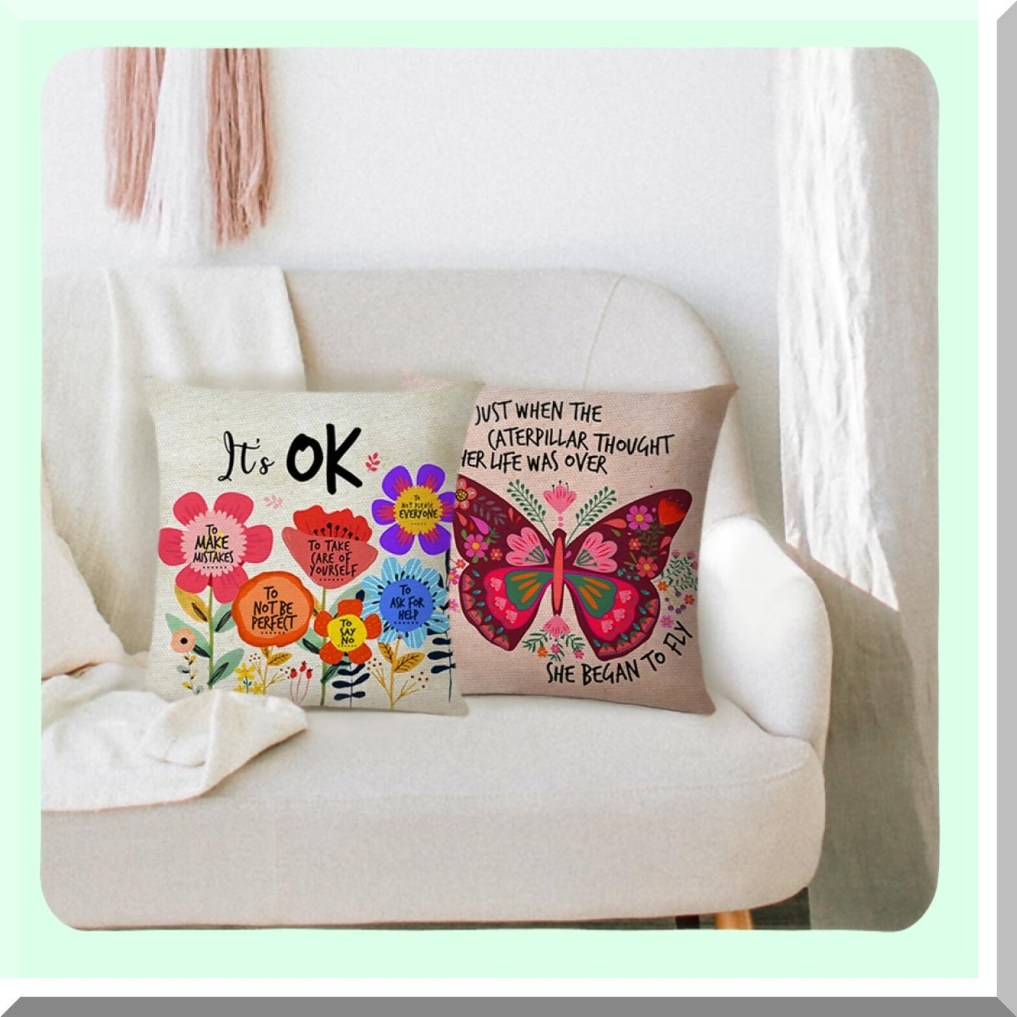 Butterfly Blooms Inspirational Pillow Covers - Set of 2 | Colorful Flowers Decorative Throw Pillow Cases for Girls & Women | Inspirational Gifts for Friends | It's OK Quote